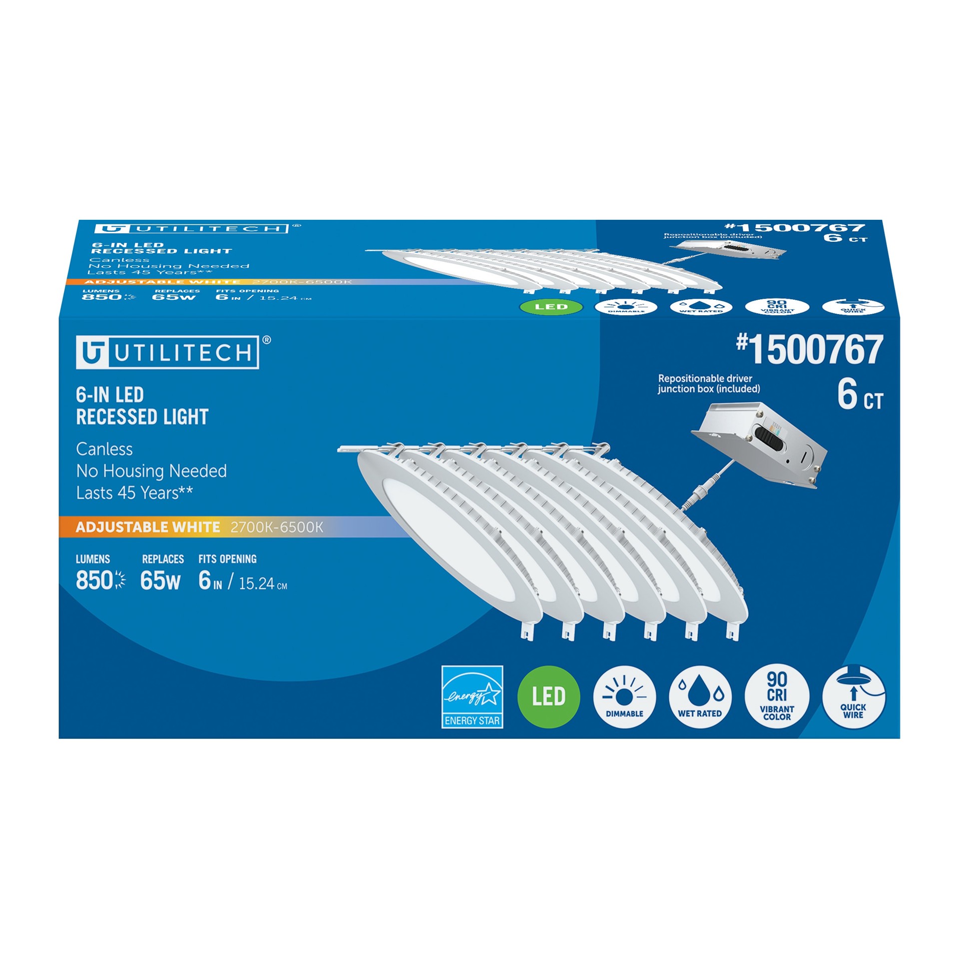 slide 1 of 6, Utilitech Color Choice White 6-in 850 -Lumens Switchable white Round Dimmable LED Canless Wet rated Recessed Downlight 6 -Pack, 1 ct