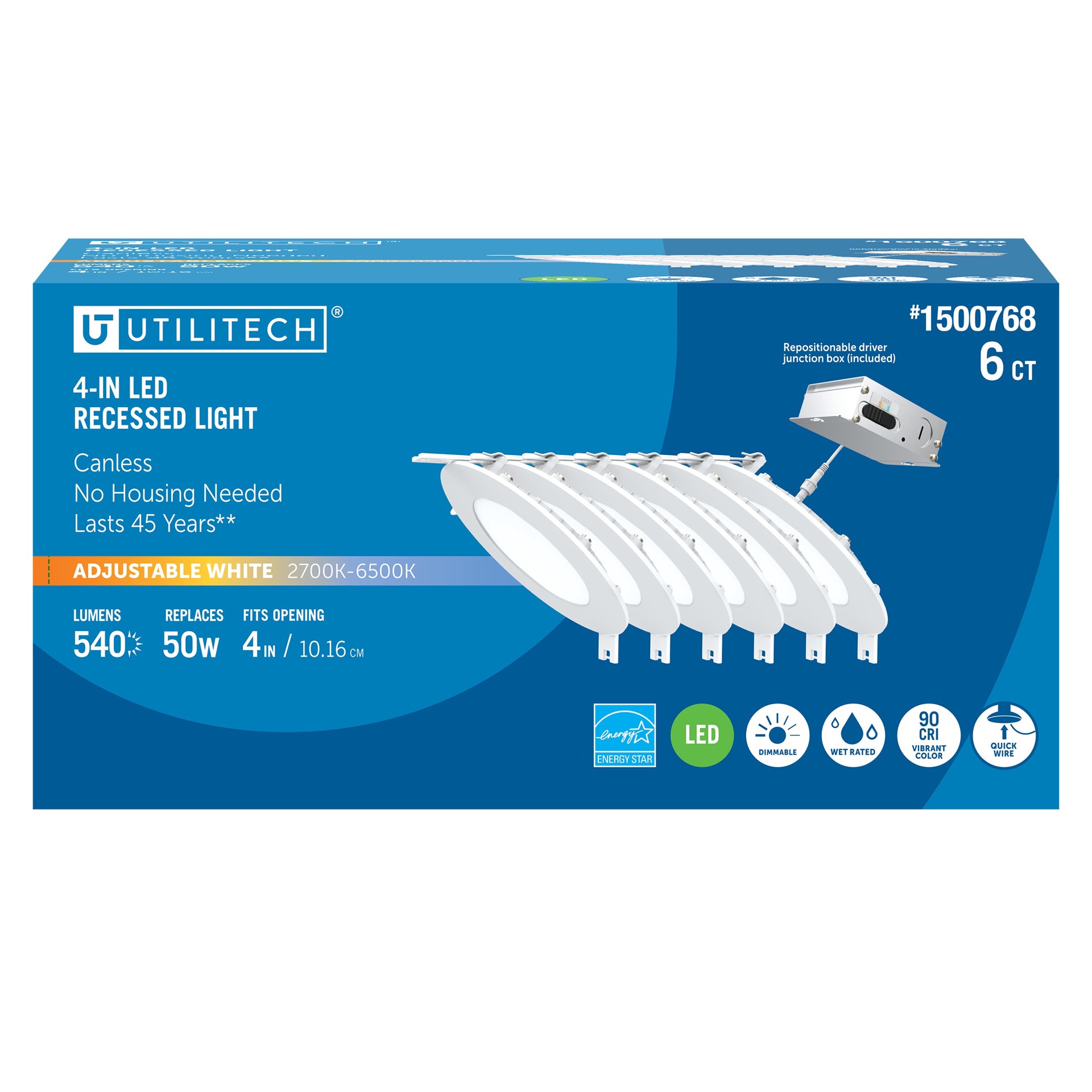 slide 3 of 6, Utilitech Color Choice White 4-in 540 -Lumens Switchable white Round Dimmable LED Canless Damp rated Recessed Downlight 6 -Pack, 1 ct