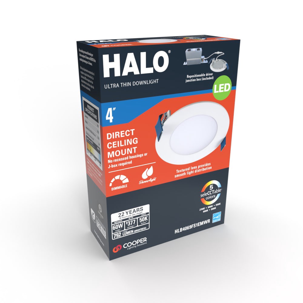 slide 2 of 6, HALO White 4-in 750 -Lumens Switchable white Round Dimmable LED Canless Wet rated Recessed Downlight, 1 ct