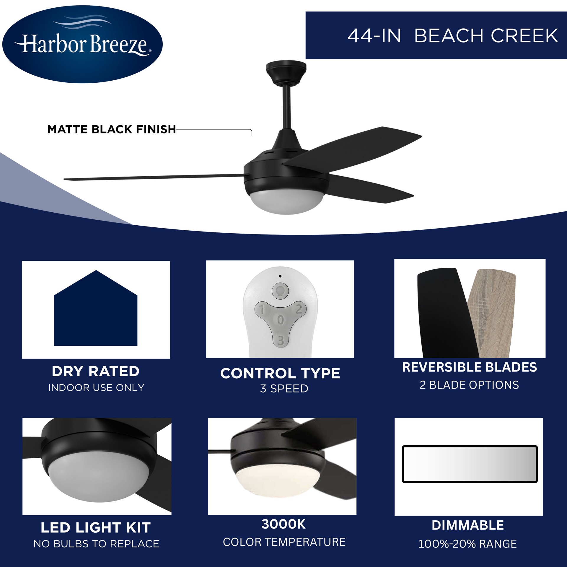 slide 4 of 6, Harbor Breeze Beach Creek 44-in Matte Black with Matte Black/Auburn Blades Integrated LED Downrod or Flush Mount Ceiling Fan With Light and Remote Included 3 -Blade, 1 ct
