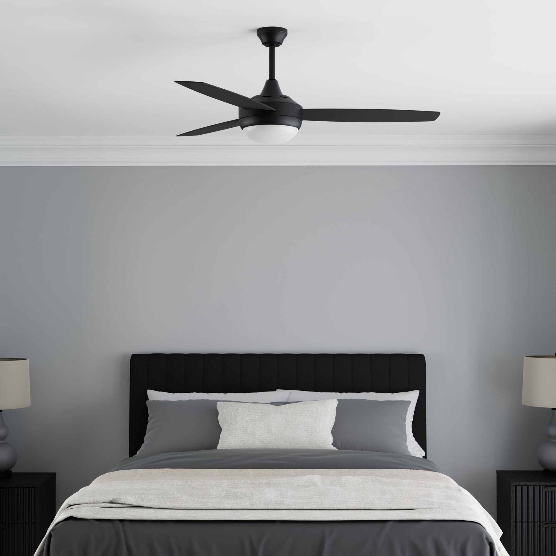 slide 6 of 6, Harbor Breeze Beach Creek 44-in Matte Black with Matte Black/Auburn Blades Integrated LED Downrod or Flush Mount Ceiling Fan With Light and Remote Included 3 -Blade, 1 ct