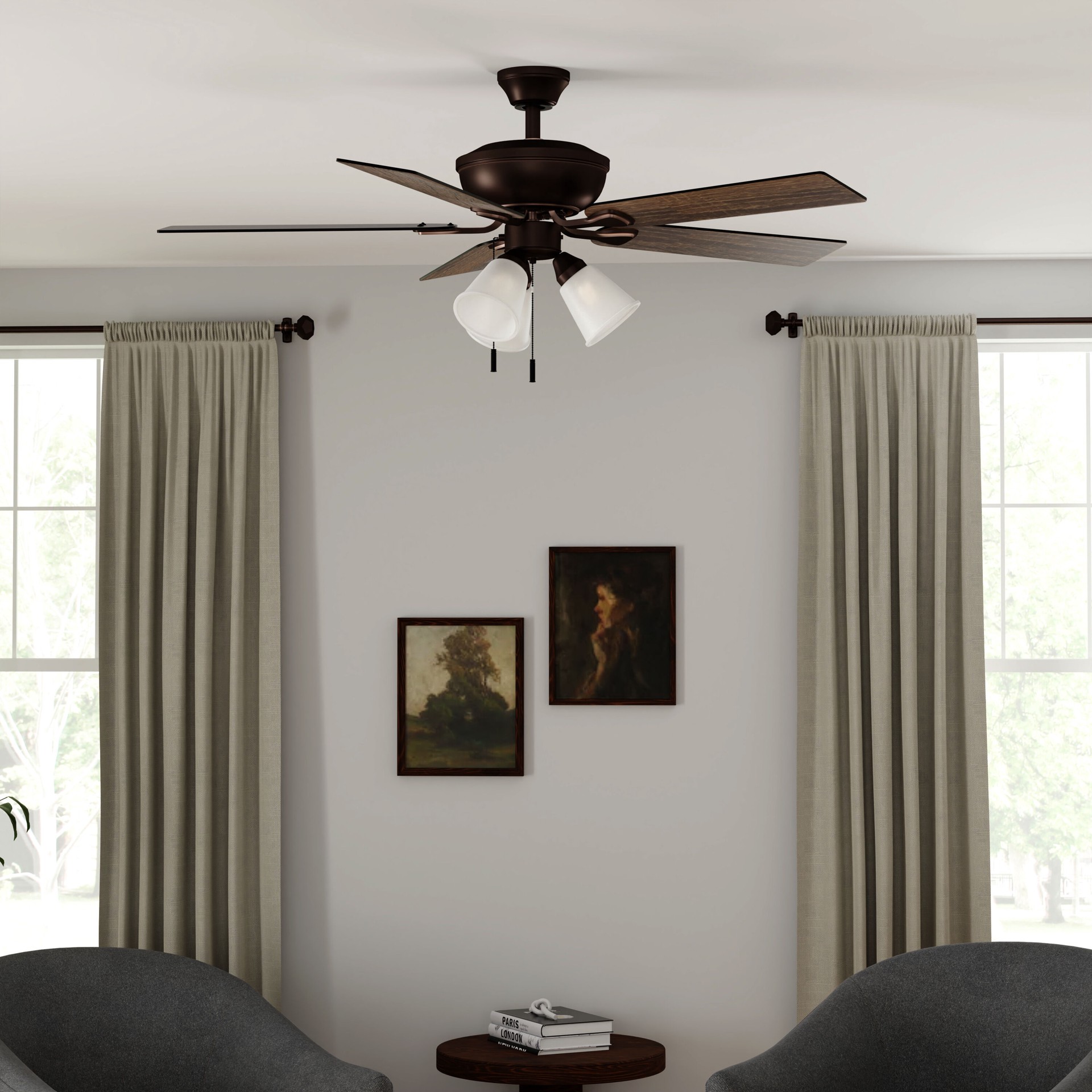 slide 5 of 6, Harbor Breeze Sailor Bay 52-in Dark Bronze with Sable/Auburn Blades Downrod or Flush Mount Ceiling Fan With Light 5 -Blade, 1 ct