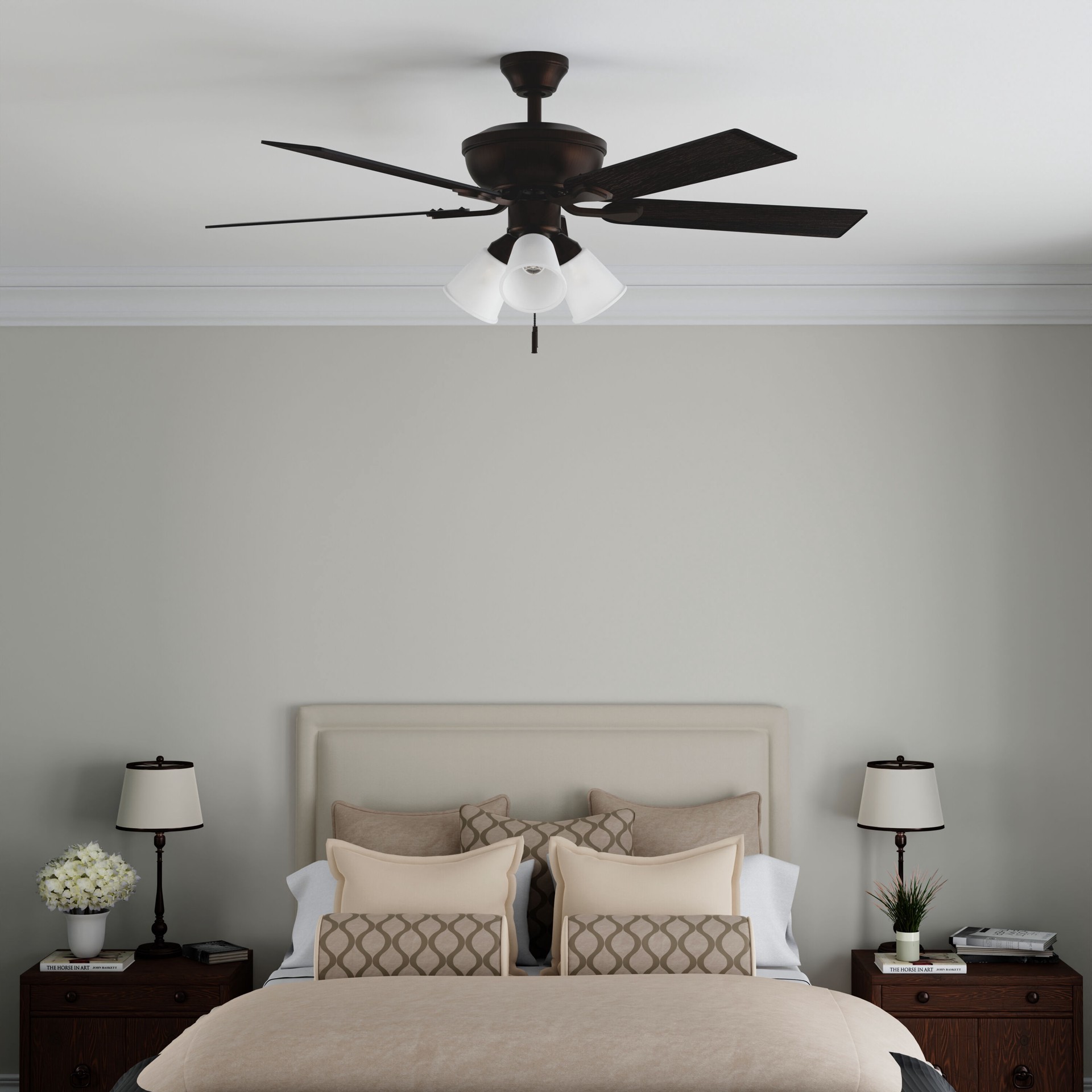slide 6 of 6, Harbor Breeze Sailor Bay 52-in Dark Bronze with Sable/Auburn Blades Downrod or Flush Mount Ceiling Fan With Light 5 -Blade, 1 ct