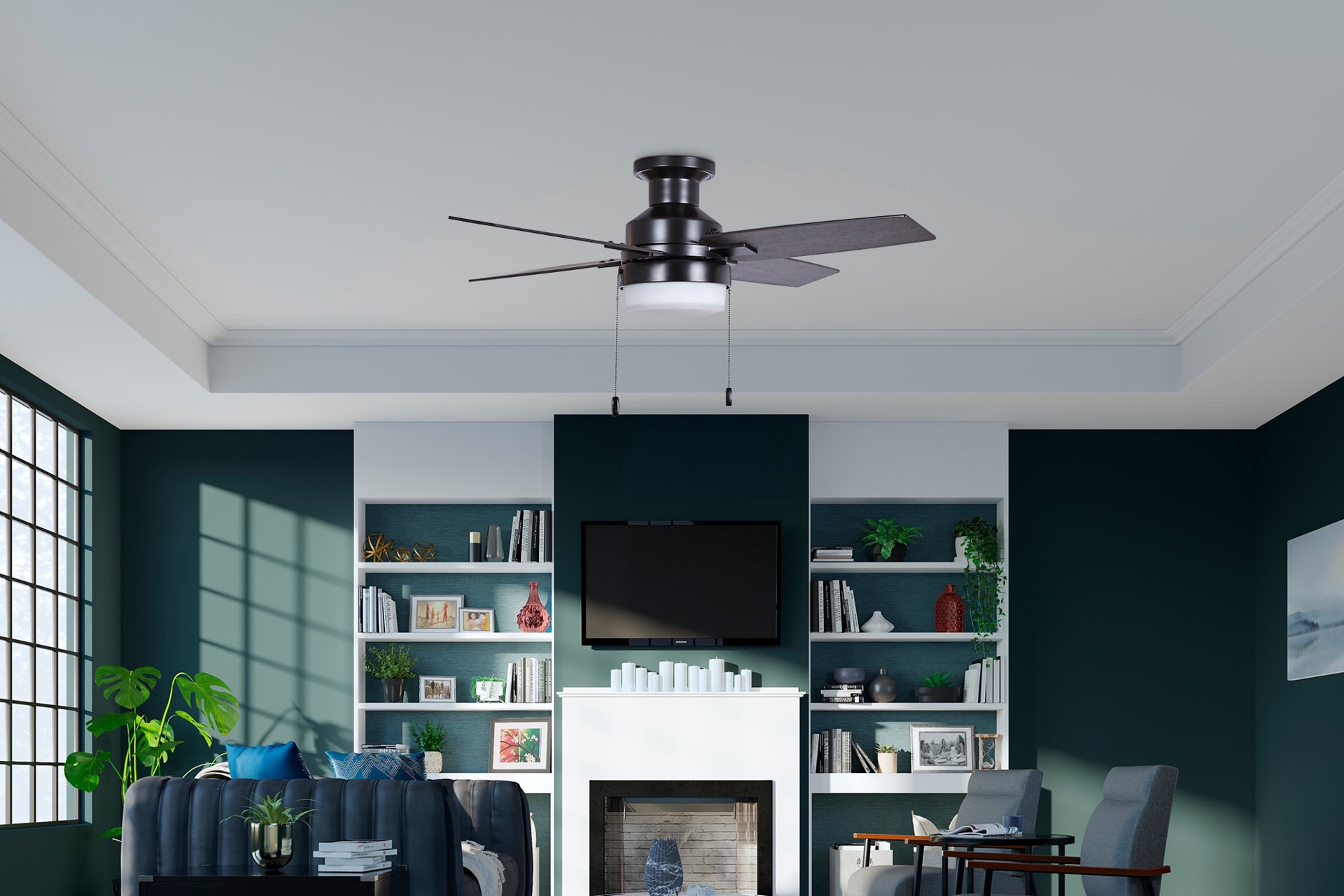 slide 3 of 6, Hunter Port Haven 44-in Matte Black with Black Willow/Greyed Walnut Blades Covered Outdoor Flush Mount Ceiling Fan With Light 4 -Blade, 1 ct
