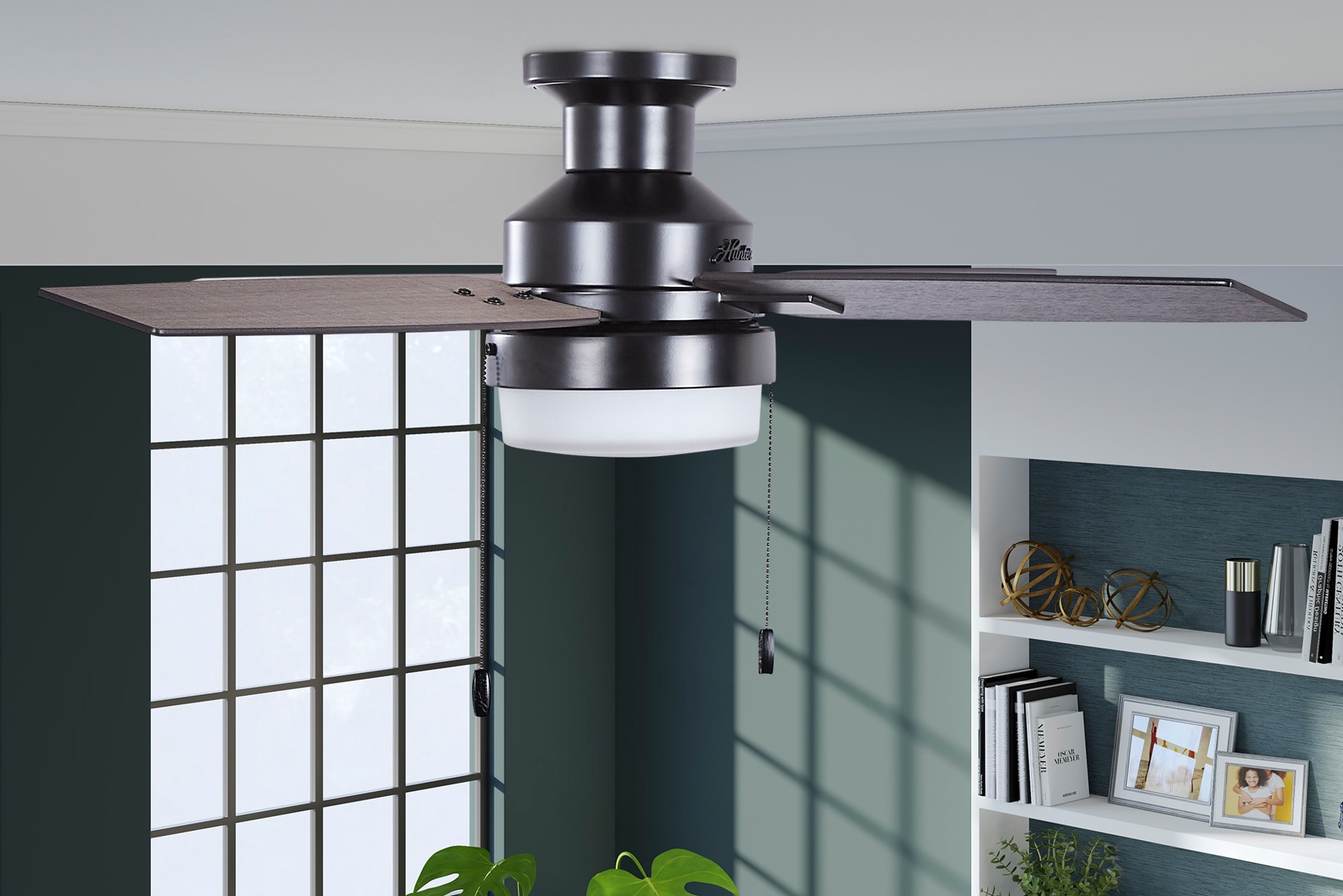 slide 4 of 6, Hunter Port Haven 44-in Matte Black with Black Willow/Greyed Walnut Blades Covered Outdoor Flush Mount Ceiling Fan With Light 4 -Blade, 1 ct