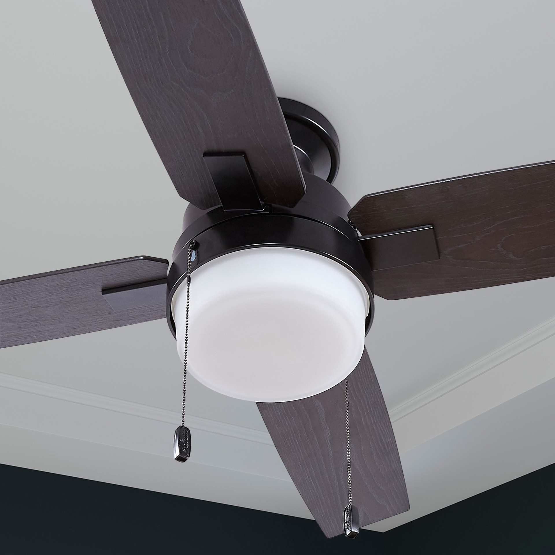slide 6 of 6, Hunter Port Haven 44-in Matte Black with Black Willow/Greyed Walnut Blades Covered Outdoor Flush Mount Ceiling Fan With Light 4 -Blade, 1 ct