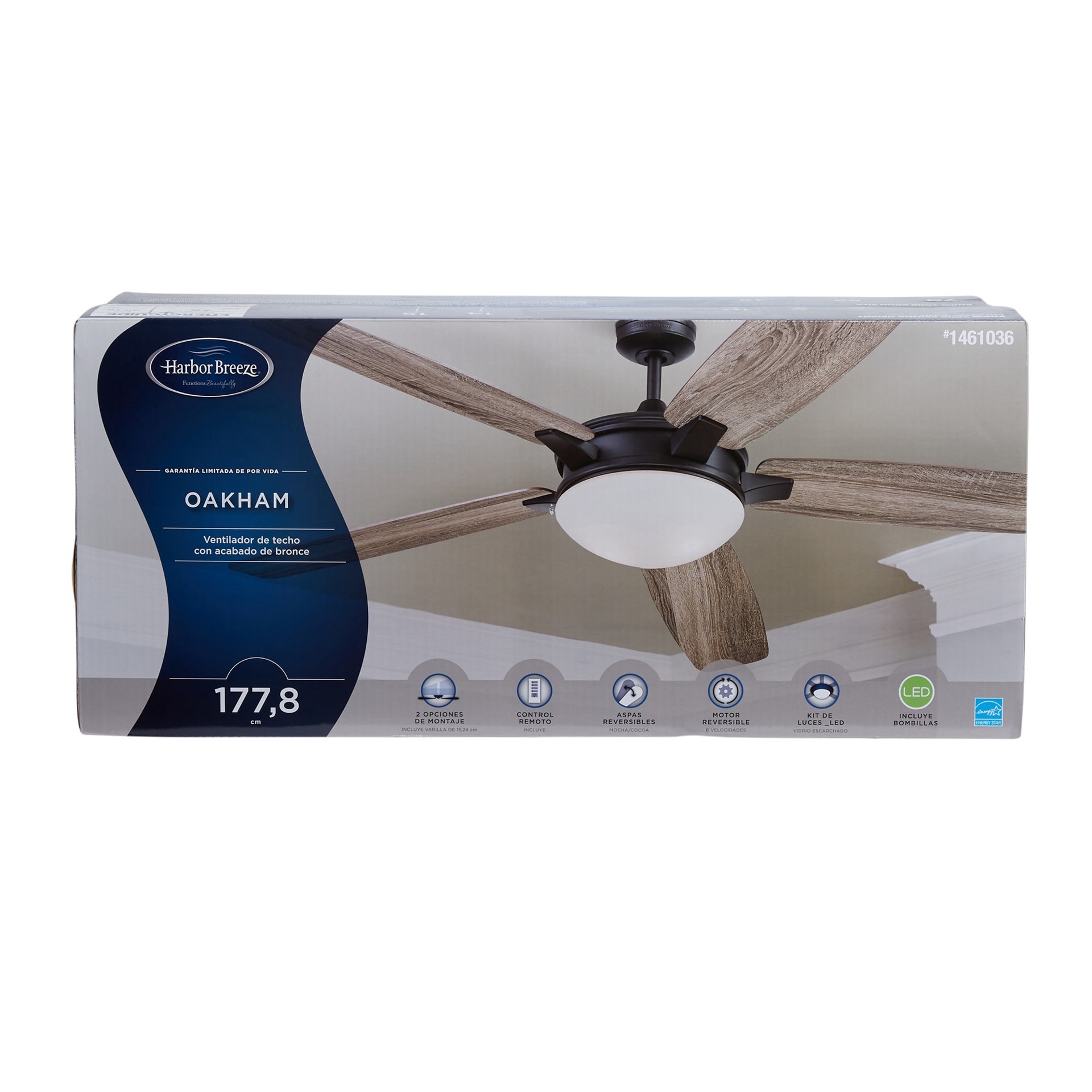 slide 4 of 6, Harbor Breeze Oakham 70-in Bronze with Mocha/Cocoa Blades Ceiling Fan With Light and Remote Included 5 -Blade, 1 ct