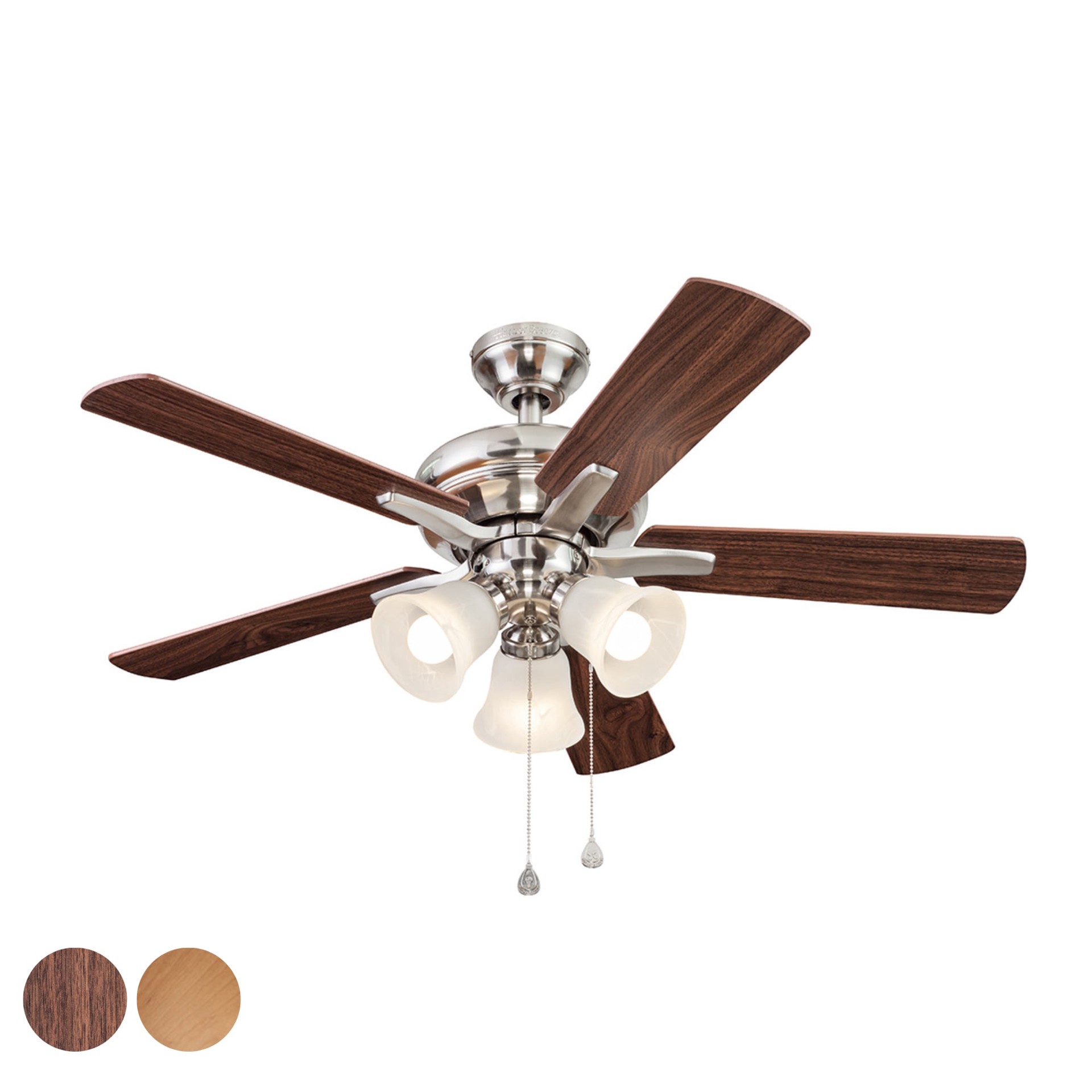 slide 2 of 6, Harbor Breeze Lansing 42-in Brushed Nickel with Sable/Honey Blades Downrod or Flush Mount Ceiling Fan With Light 5 -Blade, 1 ct
