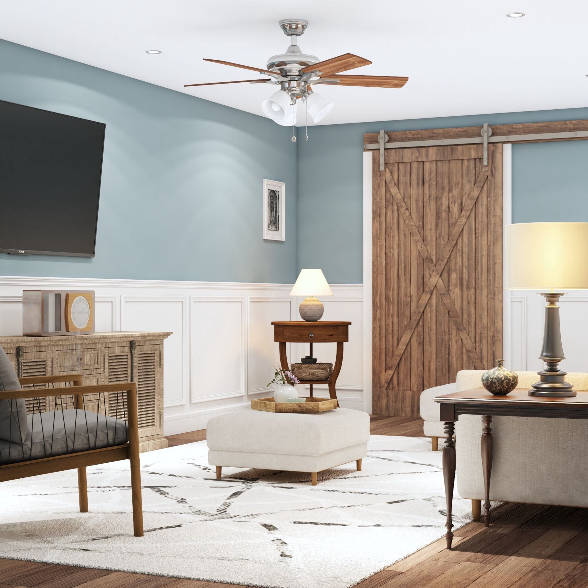 slide 3 of 6, Harbor Breeze Lansing 42-in Brushed Nickel with Sable/Honey Blades Downrod or Flush Mount Ceiling Fan With Light 5 -Blade, 1 ct