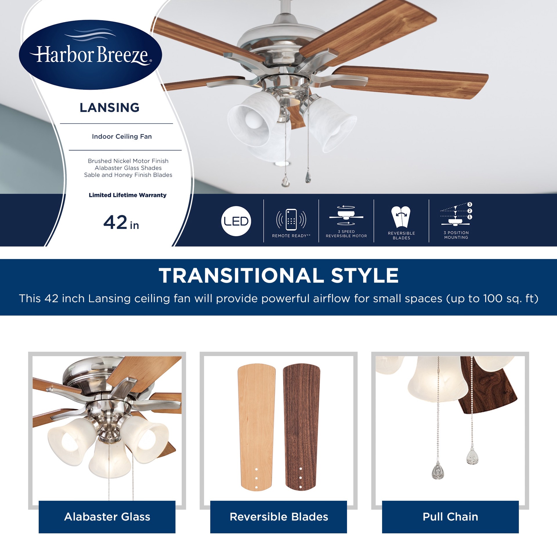 slide 4 of 6, Harbor Breeze Lansing 42-in Brushed Nickel with Sable/Honey Blades Downrod or Flush Mount Ceiling Fan With Light 5 -Blade, 1 ct