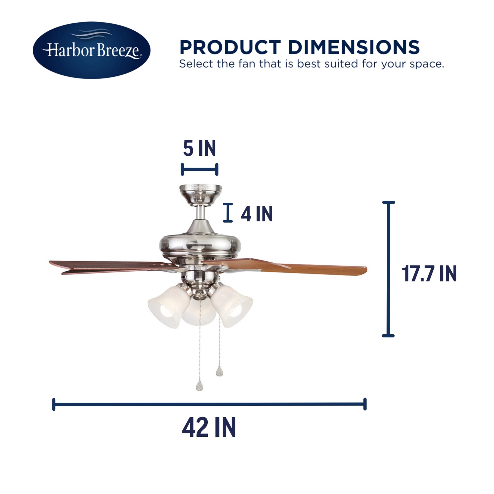 slide 6 of 6, Harbor Breeze Lansing 42-in Brushed Nickel with Sable/Honey Blades Downrod or Flush Mount Ceiling Fan With Light 5 -Blade, 1 ct