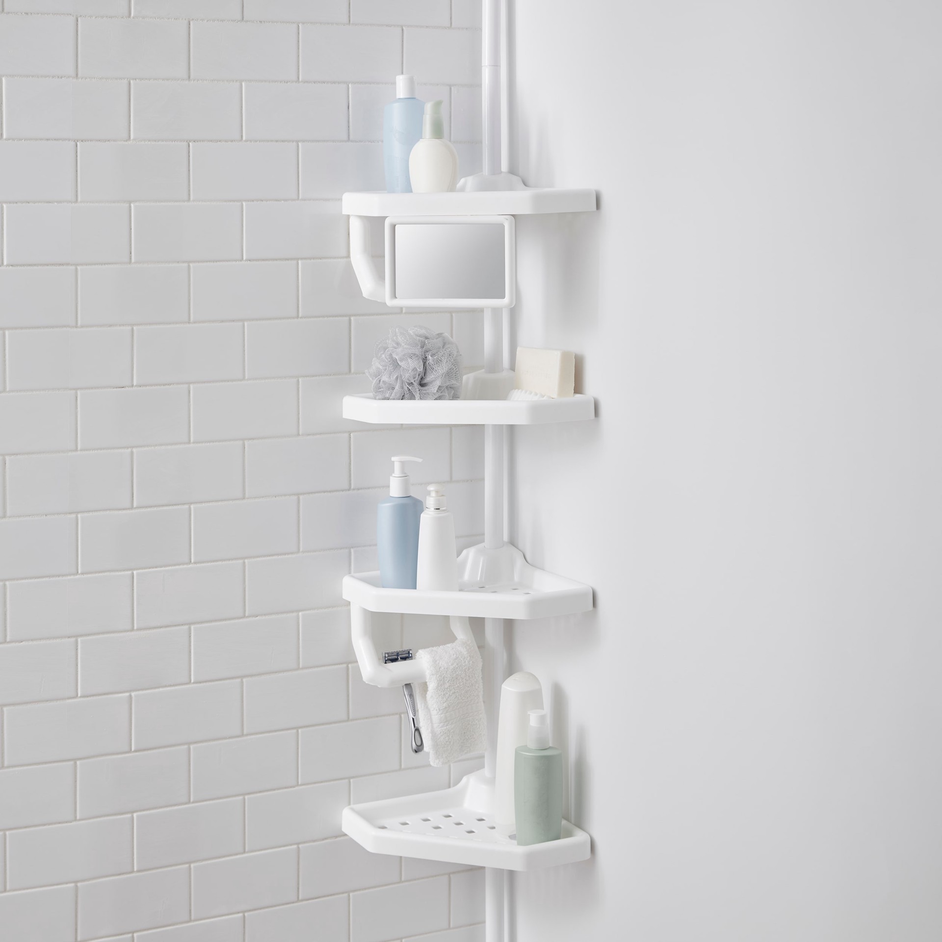 slide 3 of 6, Style Selections White Steel 4 -Shelf Tension pole Freestanding shower caddy 13.4-in x 9.4-in x 97-in, 1 ct
