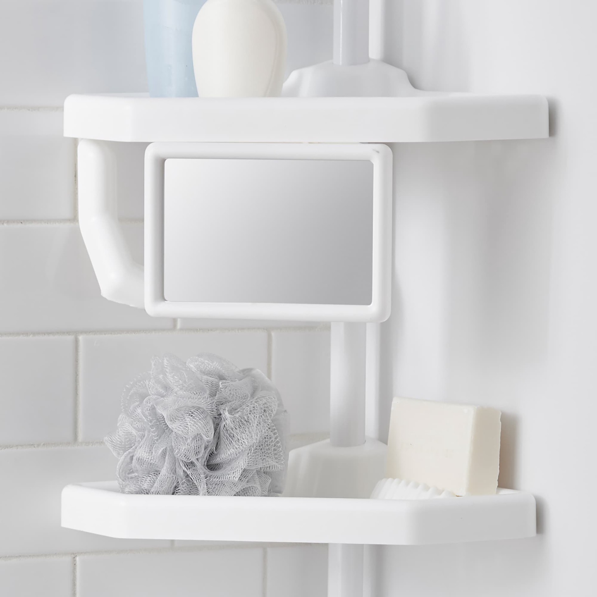 slide 5 of 6, Style Selections White Steel 4 -Shelf Tension pole Freestanding shower caddy 13.4-in x 9.4-in x 97-in, 1 ct