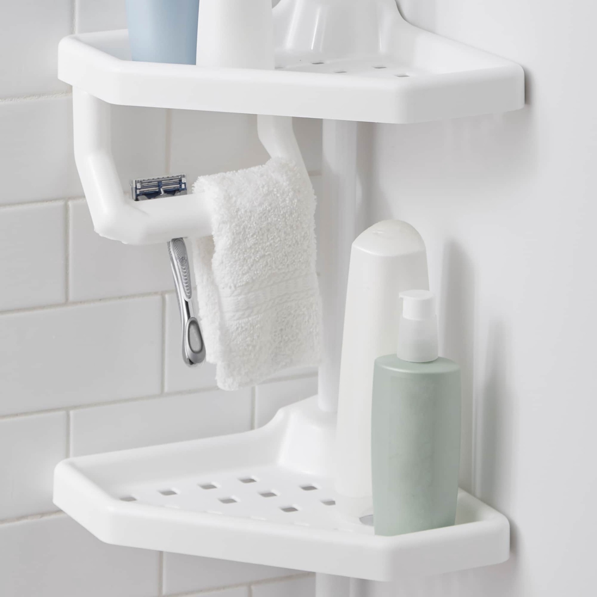 slide 6 of 6, Style Selections White Steel 4 -Shelf Tension pole Freestanding shower caddy 13.4-in x 9.4-in x 97-in, 1 ct