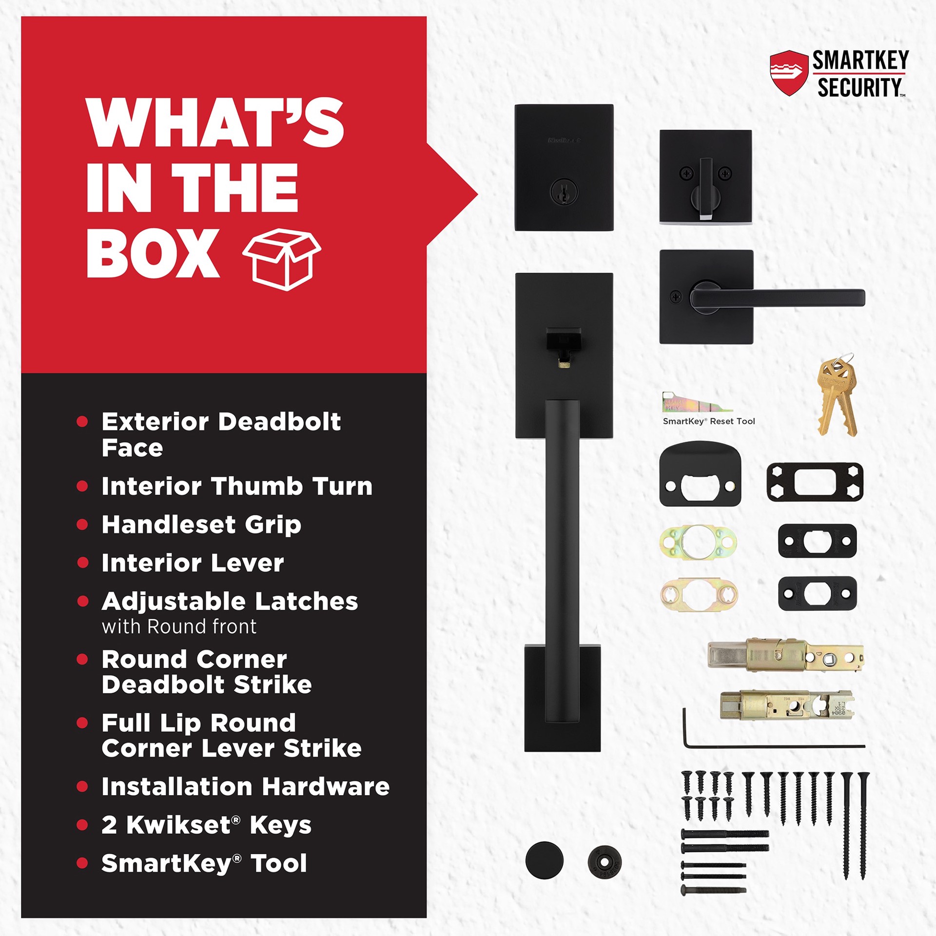 slide 6 of 6, Kwikset Signature Series San Clemente Matte Black Exterior Single-Cylinder Deadbolt and Keyed Entry Door Handleset ft. SmartKey Security, 1 ct