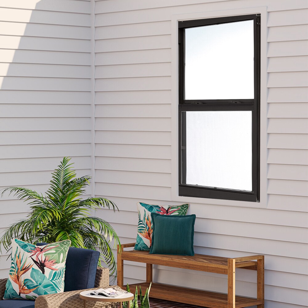 slide 2 of 6, RELIABILT 46000 Series 35-1/2-in x 35-1/2-in Black Exterior Aluminum New Construction Single Hung Window Low-E Double Pane Glass (Half Screen Included), 1 ct
