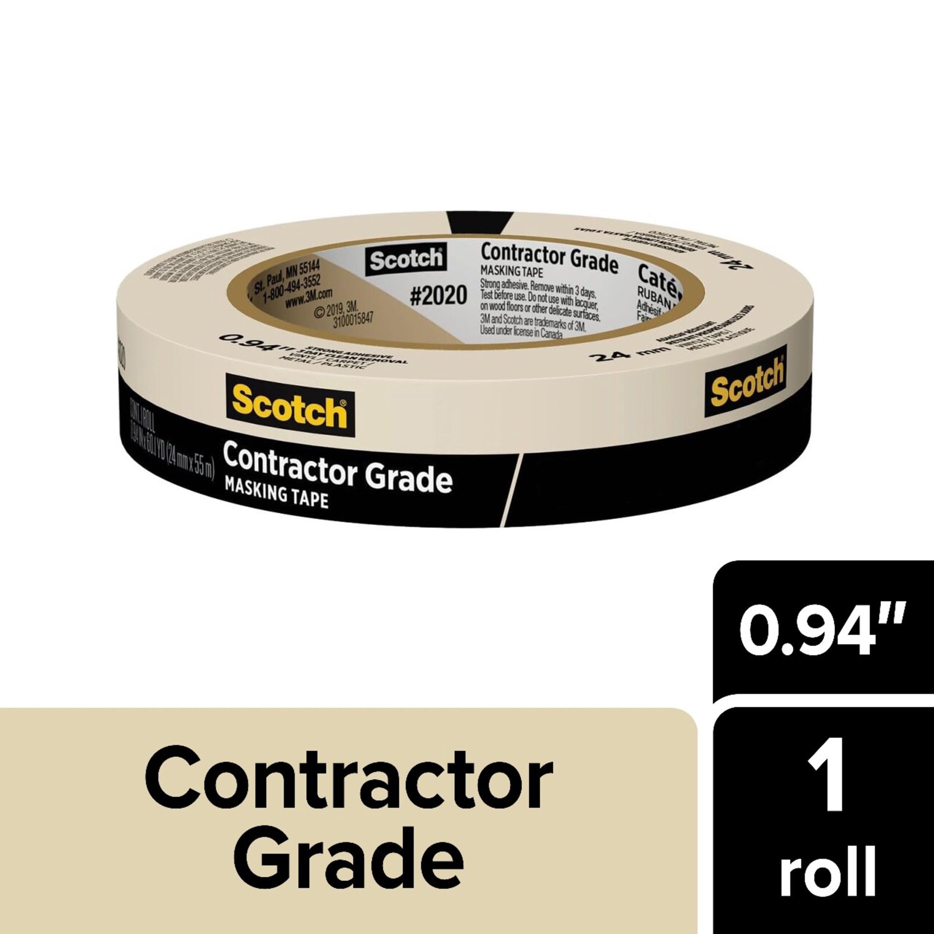 slide 1 of 6, Scotch 2020 Contractor Grade 0.94-in x 60 Yard(s) Masking Tape, 1 ct