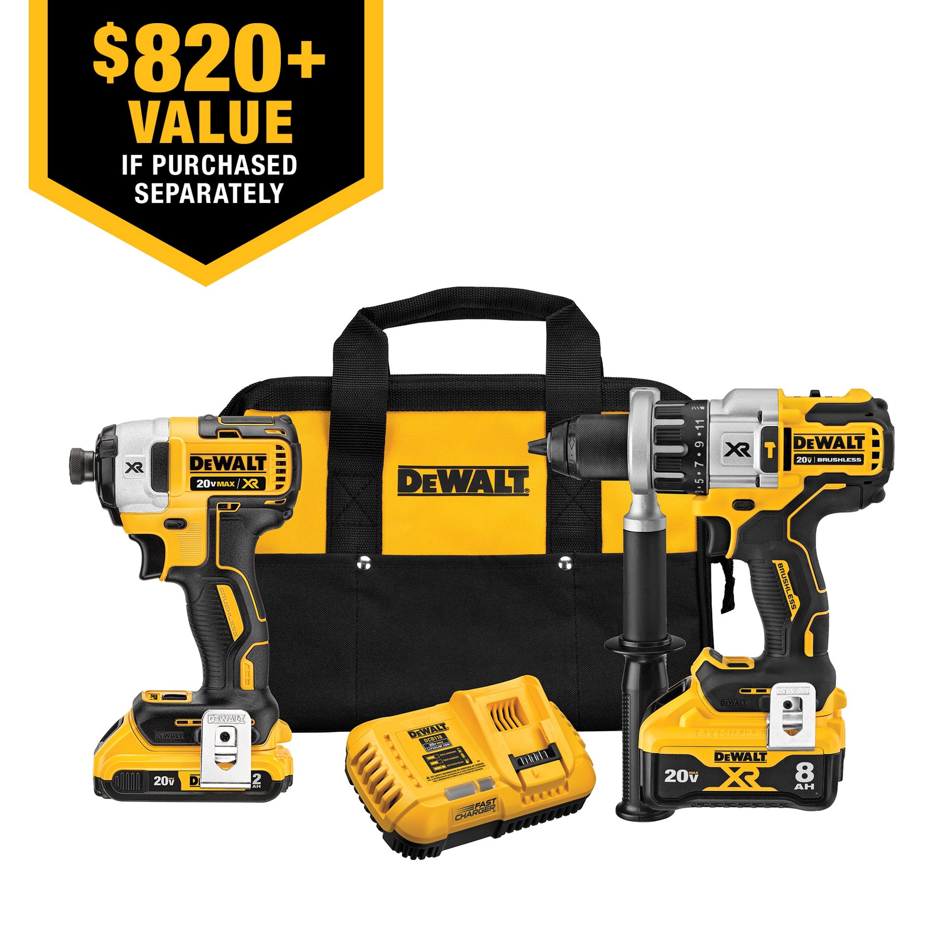 slide 2 of 6, DEWALT XR POWER DETECT 2-Tool 20-Volt Max Brushless Power Tool Combo Kit with Soft Case (2-Batteries and charger Included), 1 ct