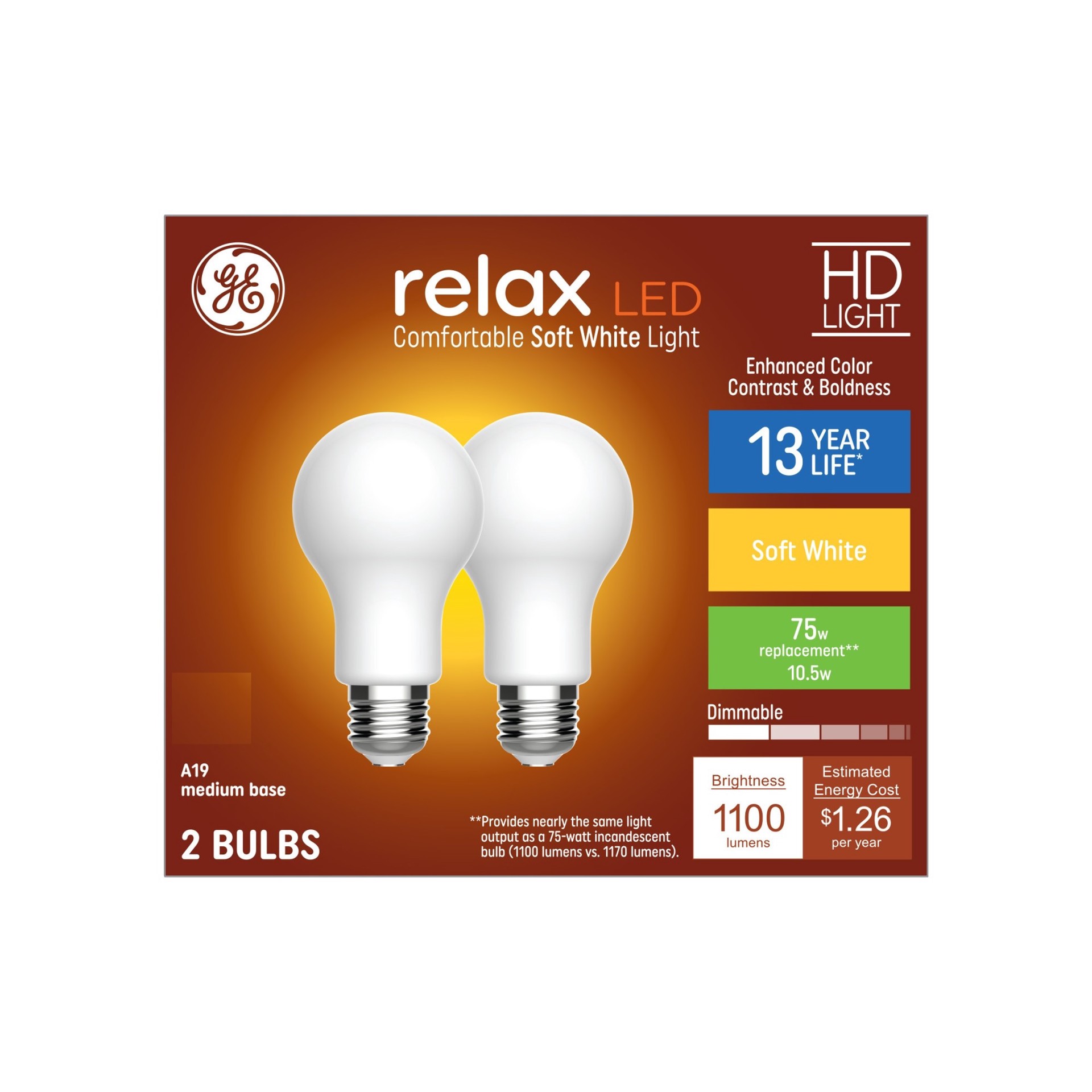 slide 4 of 6, GE Relax HD 75 -Watt EQ A19 Soft white Medium base (E-26) Dimmable LED General purpose Light Bulb 2 -Pack, 1 ct