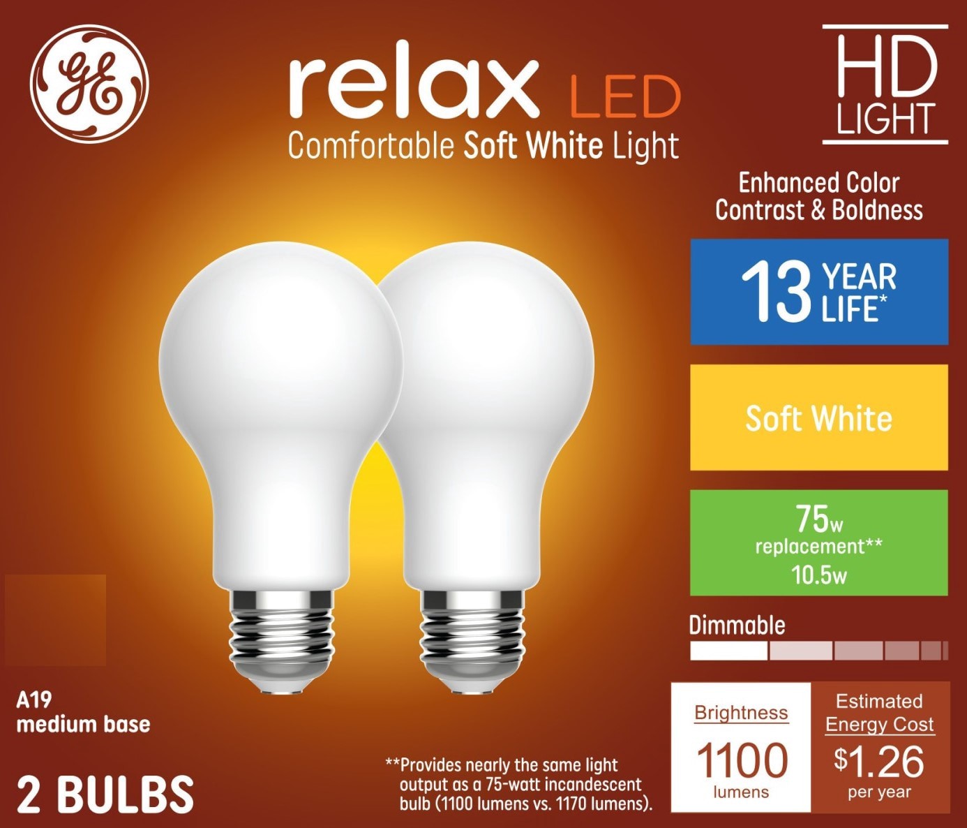 slide 1 of 6, GE Relax HD 75 -Watt EQ A19 Soft white Medium base (E-26) Dimmable LED General purpose Light Bulb 2 -Pack, 1 ct
