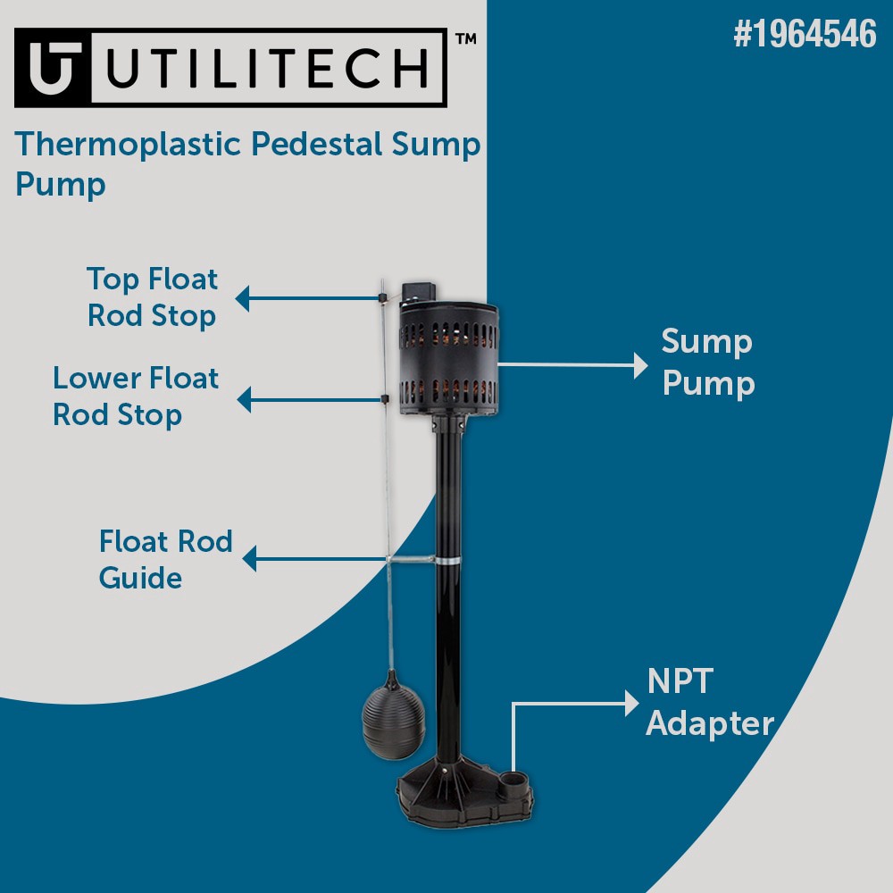 slide 2 of 6, Utilitech 1/3-HP 58-Gallon Thermoplastic Pedestal sump pump, 1 ct