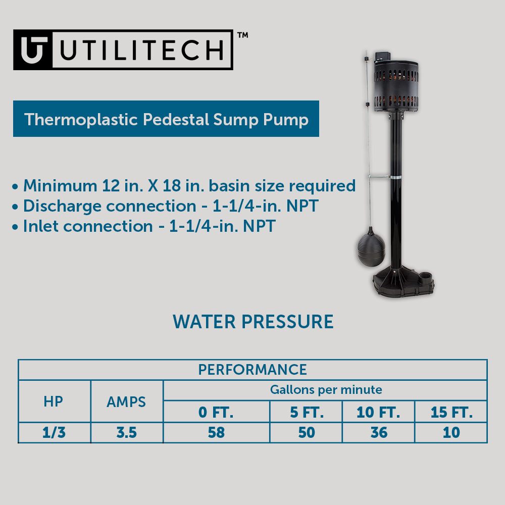slide 3 of 6, Utilitech 1/3-HP 58-Gallon Thermoplastic Pedestal sump pump, 1 ct