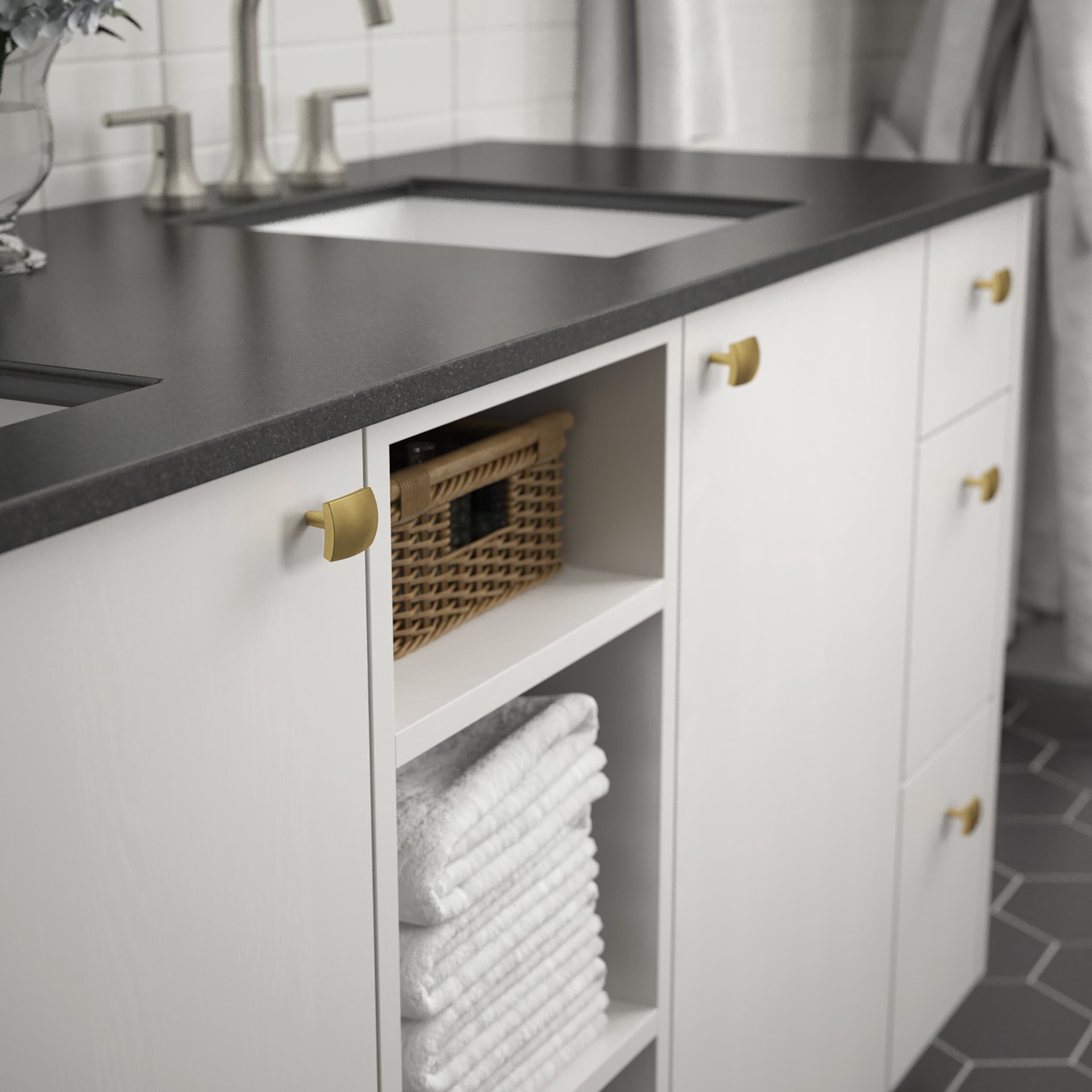 slide 2 of 6, allen + roth Amelia 1-7/16-in Brushed Brass Rectangular Modern Cabinet Knob, 1 ct