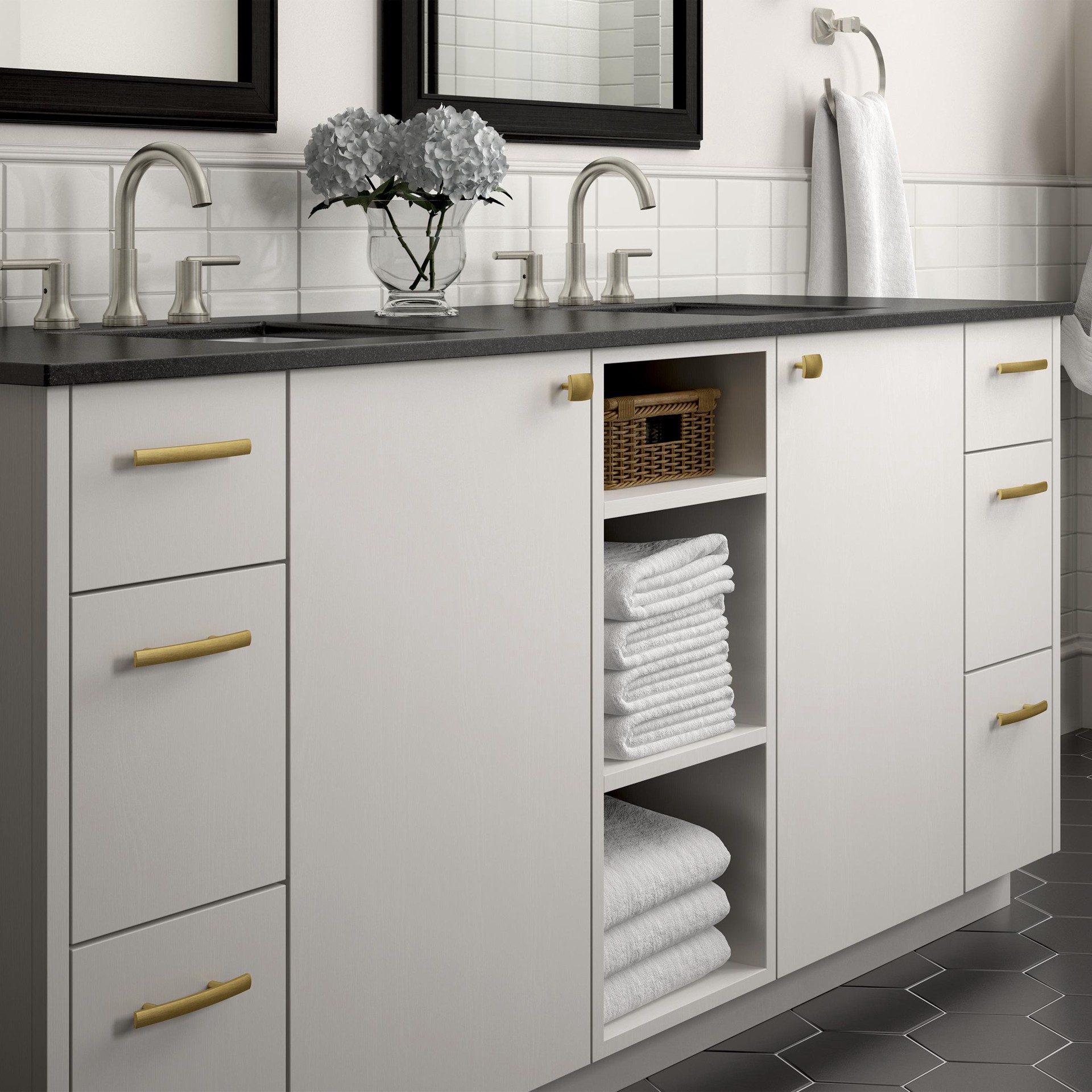 slide 6 of 6, allen + roth Amelia 1-7/16-in Brushed Brass Rectangular Modern Cabinet Knob, 1 ct