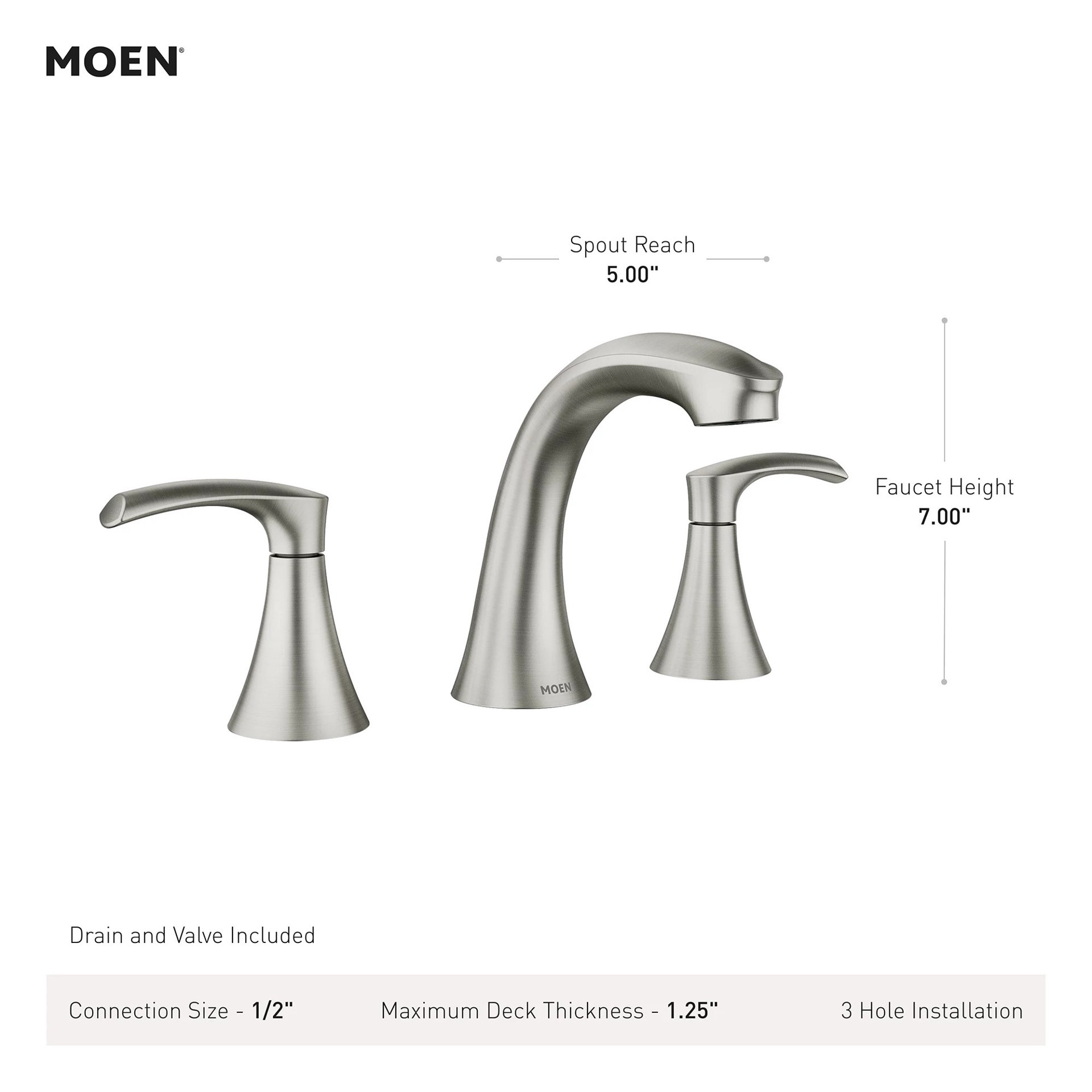 slide 5 of 6, Moen Graeden Spot Resist Brushed Nickel Widespread 2-handle WaterSense High-arc Commercial/Residential Handle Bathroom Sink Faucet with Drain, 1 ct