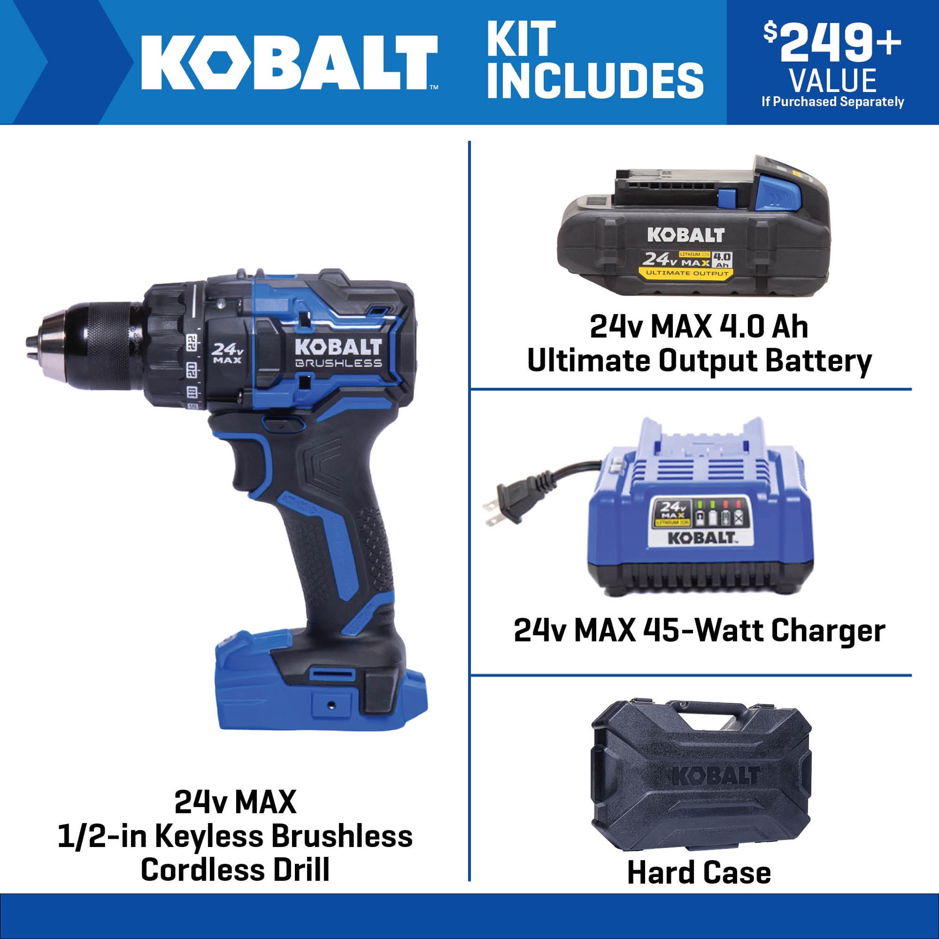 slide 2 of 6, Kobalt XTR 24-volt 1/2-in Keyless Brushless Cordless Drill ( 1 -Batteries Included, and Charger Included ), 1 ct