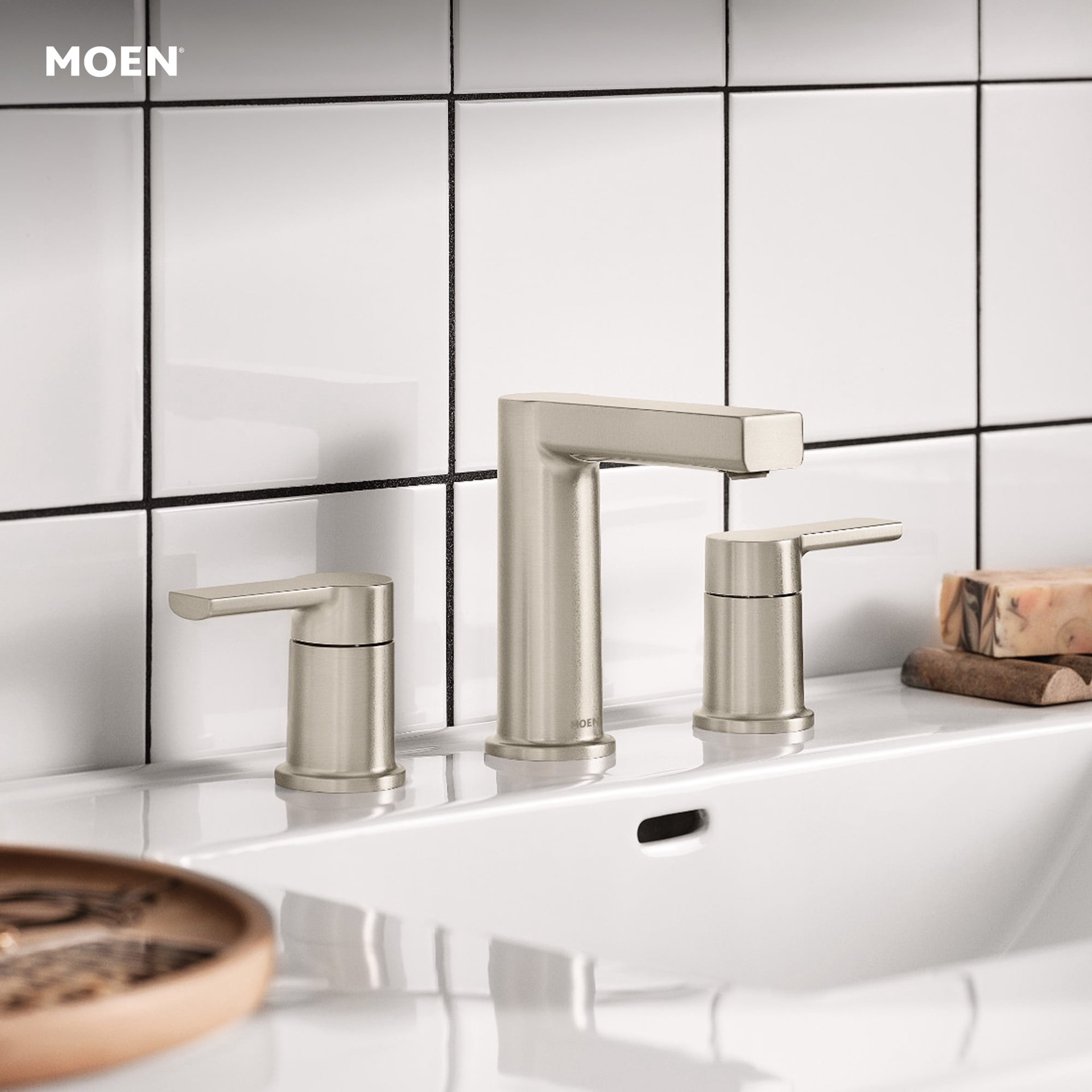 slide 3 of 6, Moen Rinza Spot Resist Brushed Nickel Widespread 2-handle WaterSense High-arc Commercial/Residential Handle Bathroom Sink Faucet with Drain, 1 ct