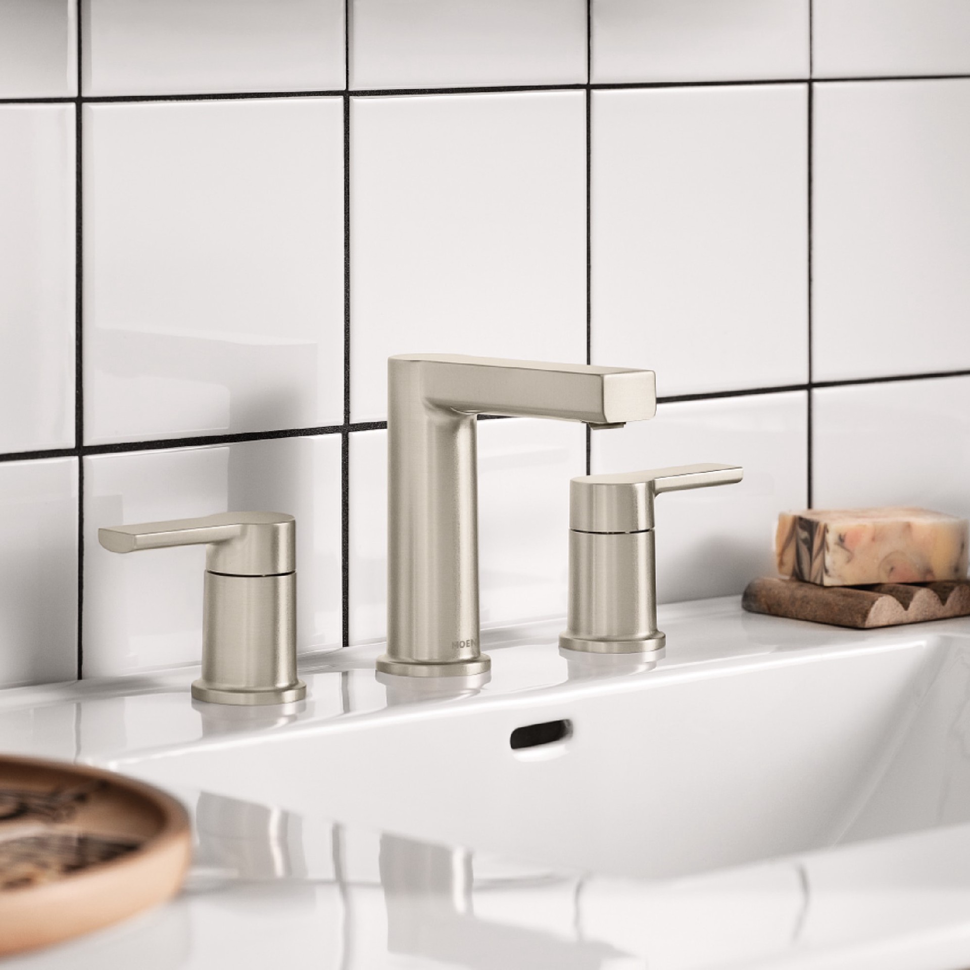 slide 1 of 6, Moen Rinza Spot Resist Brushed Nickel Widespread 2-handle WaterSense High-arc Commercial/Residential Handle Bathroom Sink Faucet with Drain, 1 ct