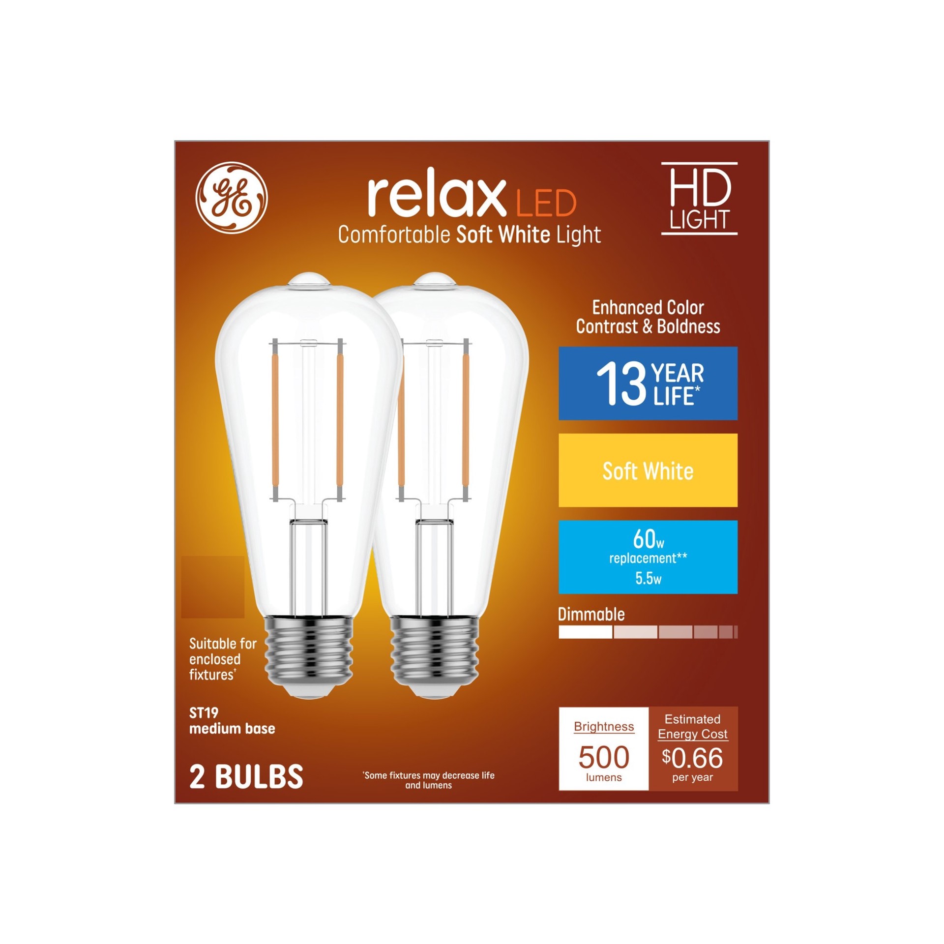 slide 4 of 6, GE Relax 60 -Watt EQ ST19 Soft white Medium base (E-26) Dimmable LED Decorative Light Bulb 2 -Pack, 1 ct