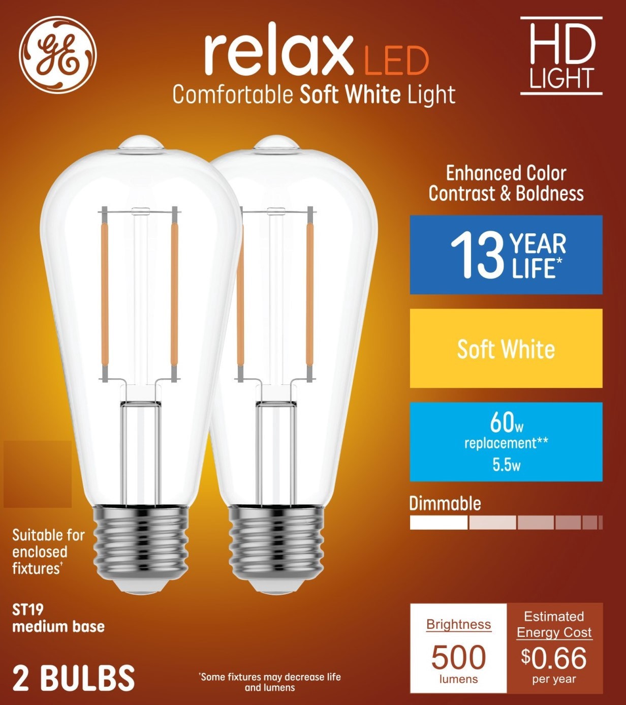 slide 1 of 6, GE Relax 60 -Watt EQ ST19 Soft white Medium base (E-26) Dimmable LED Decorative Light Bulb 2 -Pack, 1 ct