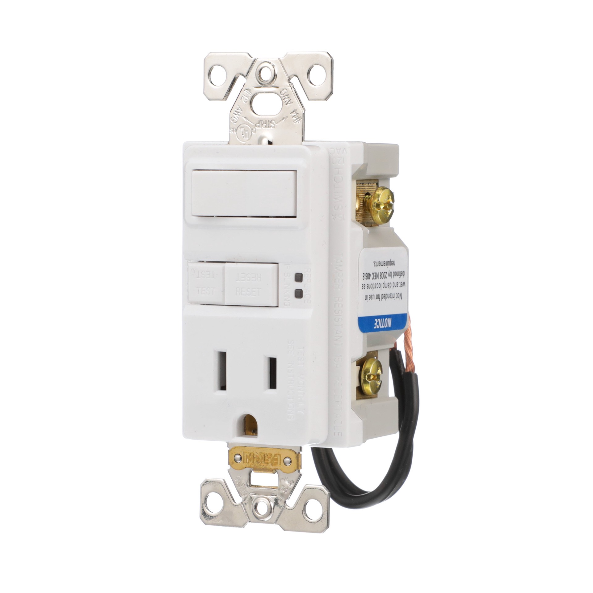 slide 2 of 6, Eaton 15 -Amp 125-volt Tamper Resistant GFCI Residential Decorator Switch outlet , White, 1 ct