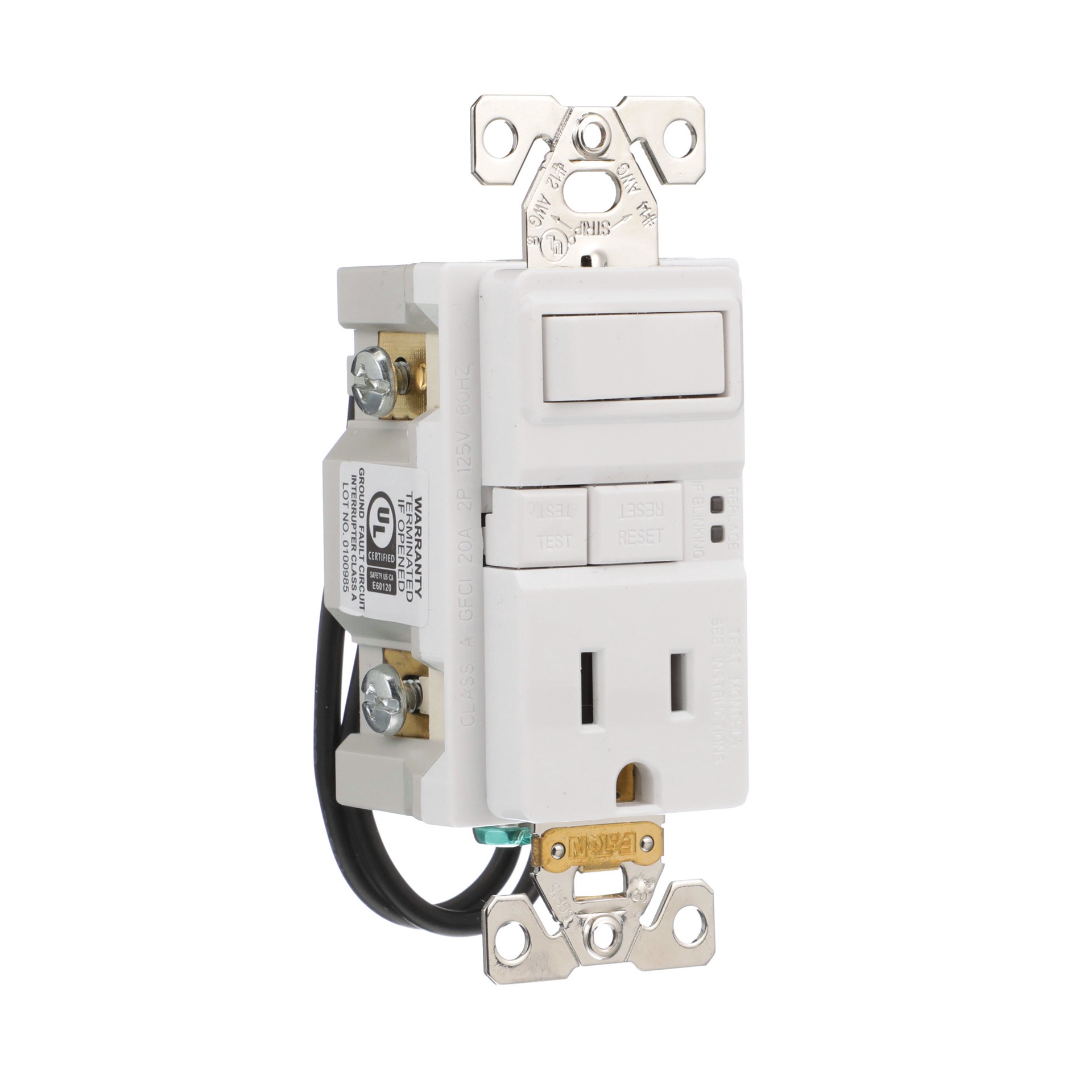 slide 6 of 6, Eaton 15 -Amp 125-volt Tamper Resistant GFCI Residential Decorator Switch outlet , White, 1 ct