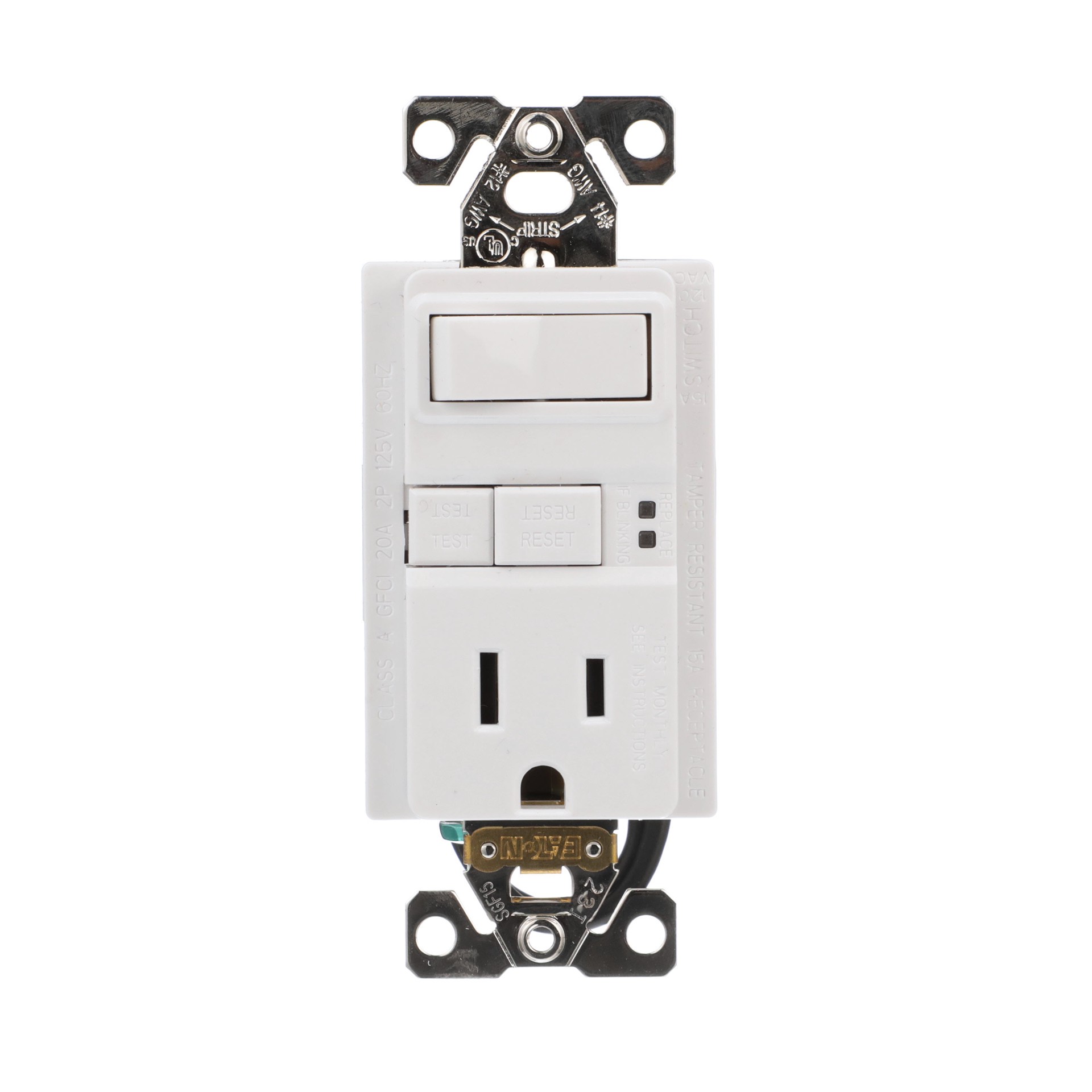 slide 1 of 6, Eaton 15 -Amp 125-volt Tamper Resistant GFCI Residential Decorator Switch outlet , White, 1 ct