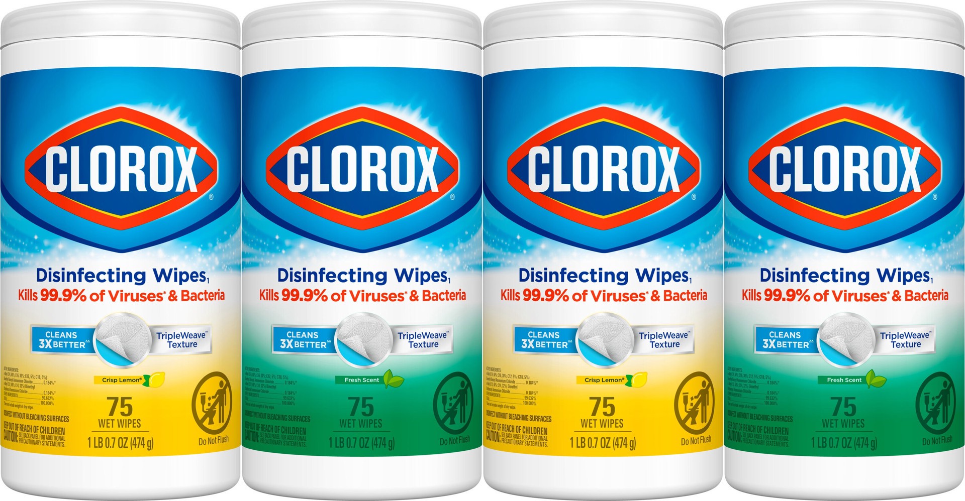 slide 3 of 6, Clorox 300 -Count Crisp Lemon/ Fresh Disinfectant Wipes All-Purpose Cleaner 4 -Pack, 1 ct