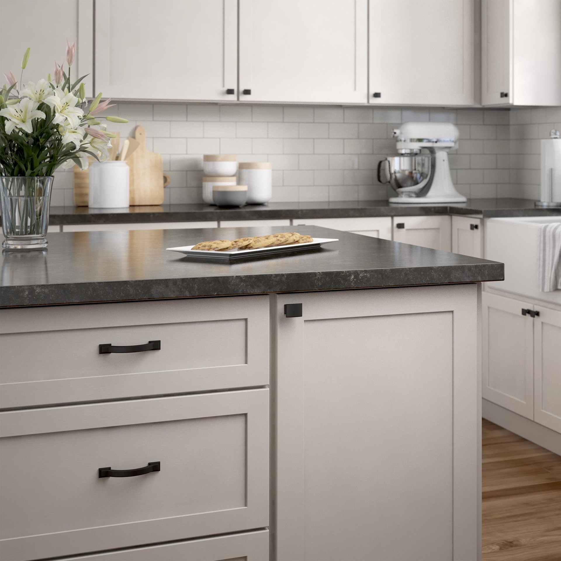 slide 5 of 6, allen + roth Eugene 1-1/4-in Matte Black Square Traditional Cabinet Knob, 1 ct