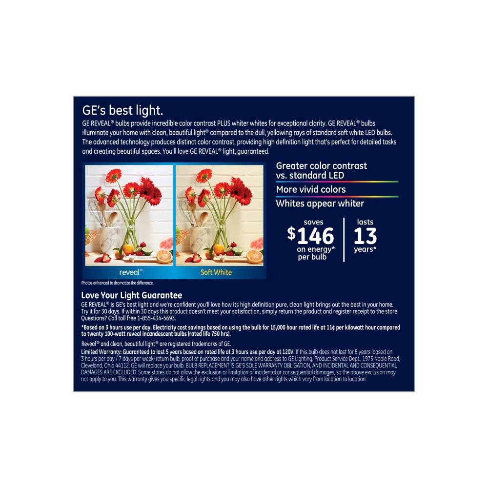 slide 4 of 4, GE Reveal HD 100 -Watt EQ A19 Color-enhancing Medium base (E-26) Dimmable LED General purpose Light Bulb 2 -Pack, 1 ct