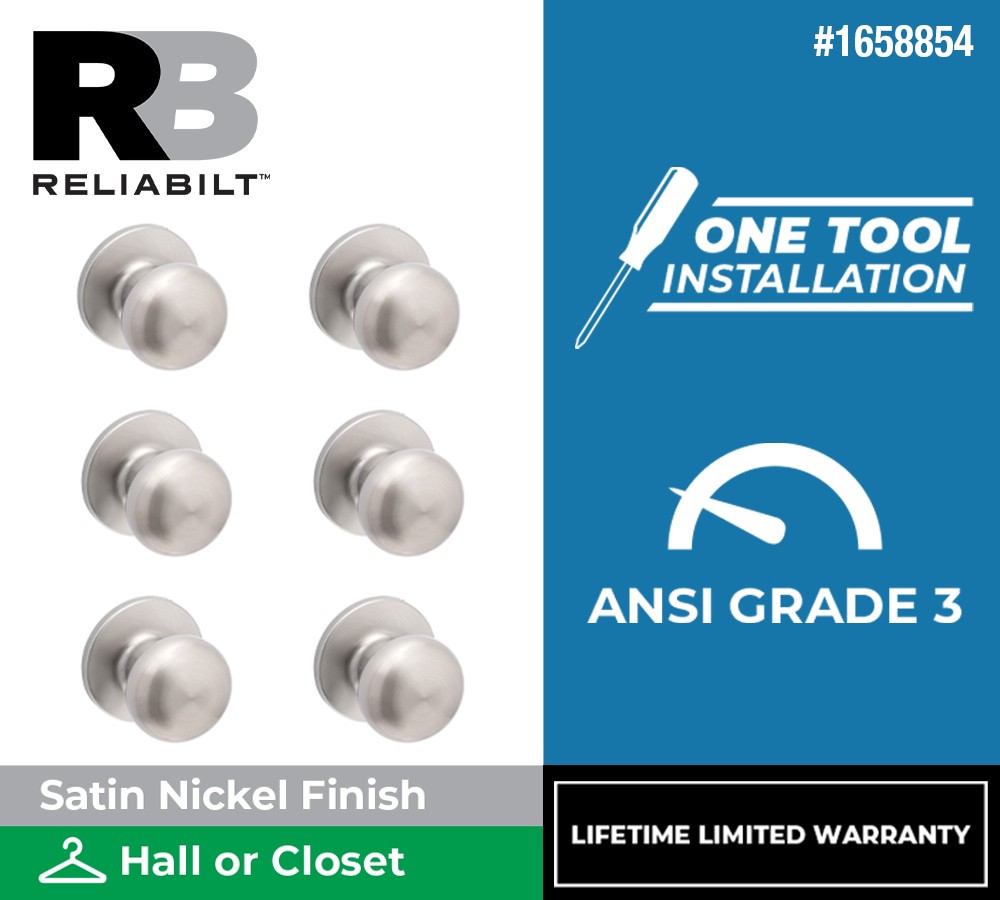 slide 2 of 6, RELIABILT Baron Satin Nickel Interior or Hall/Closet Passage Door Knob Contractor Pack 6 -Pack, 1 ct