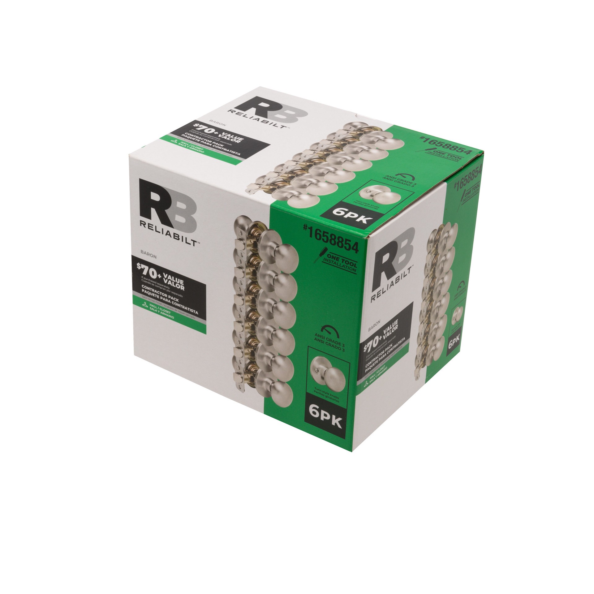 slide 3 of 6, RELIABILT Baron Satin Nickel Interior or Hall/Closet Passage Door Knob Contractor Pack 6 -Pack, 1 ct