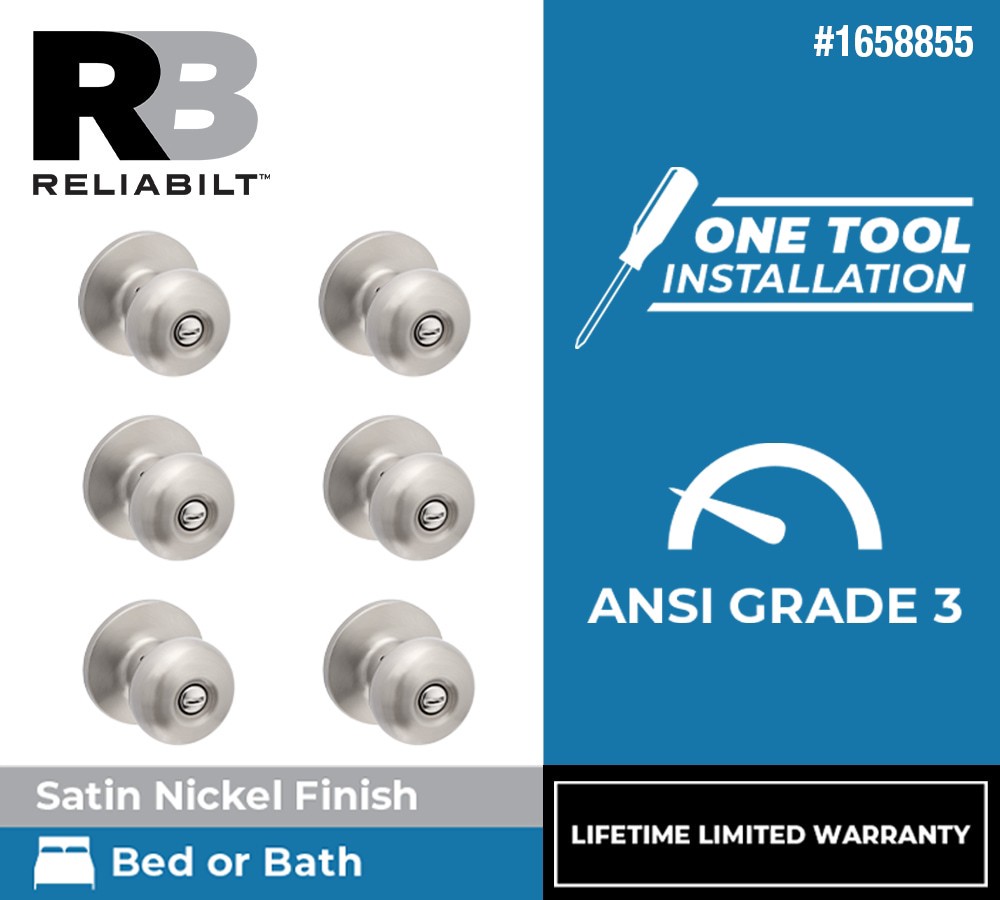 slide 2 of 6, RELIABILT Baron Satin Nickel Interior or Bed/Bath Privacy Door Knob Contractor Pack 6 -Pack, 1 ct