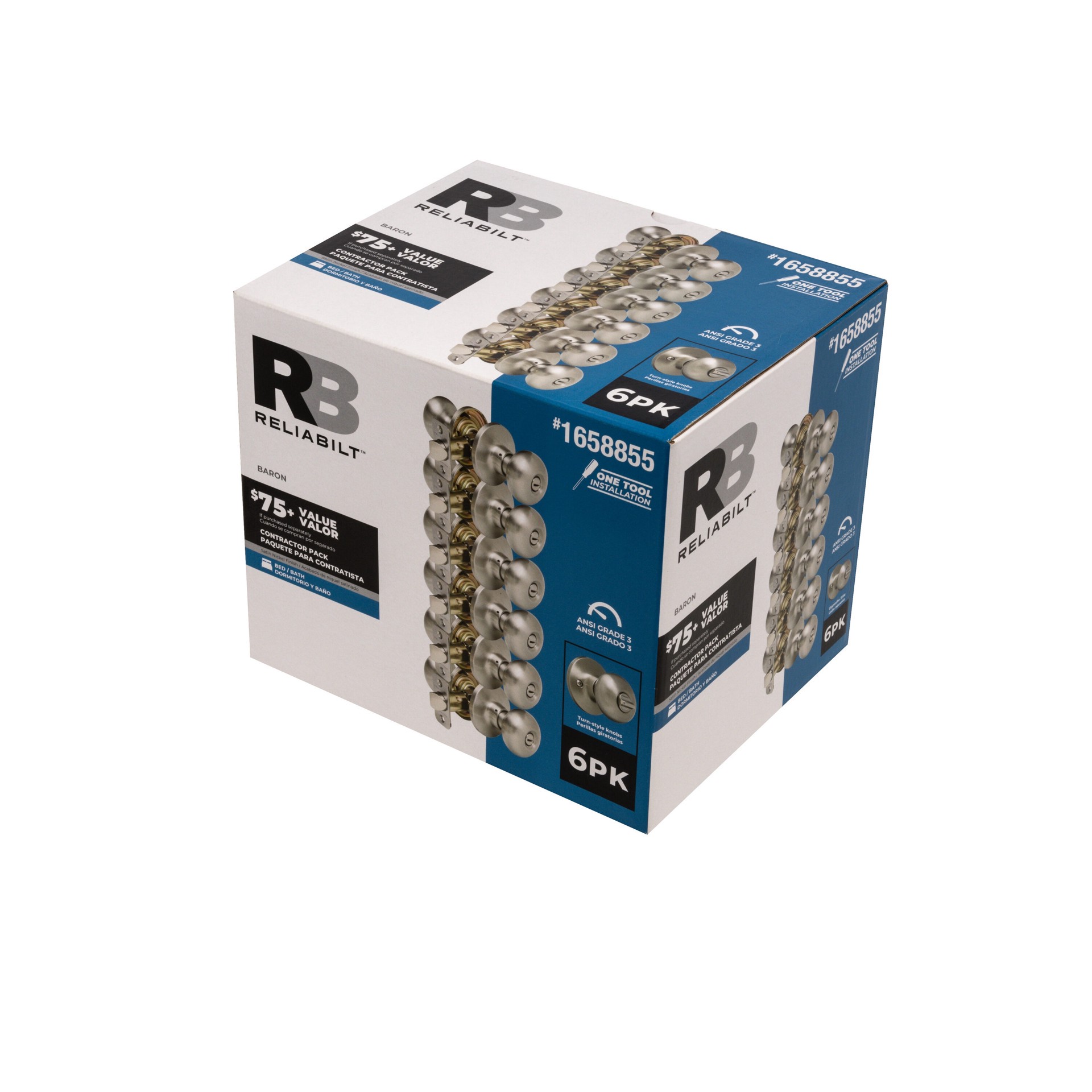 slide 3 of 6, RELIABILT Baron Satin Nickel Interior or Bed/Bath Privacy Door Knob Contractor Pack 6 -Pack, 1 ct