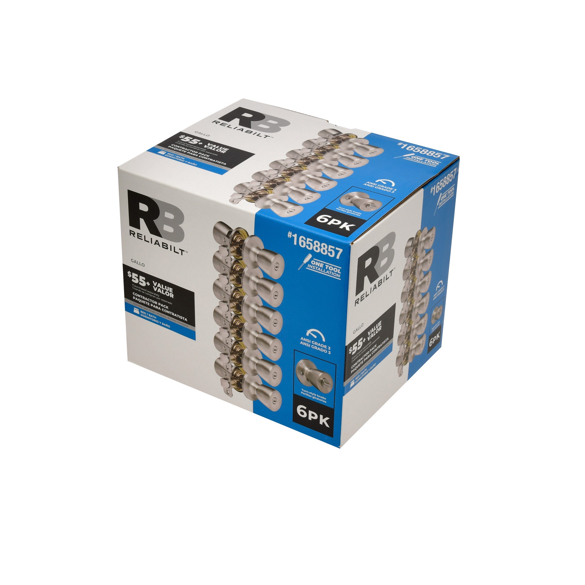 slide 4 of 6, RELIABILT Gallo Stainless Steel Interior or Bed/Bath Privacy Door Knob Contractor Pack 6 -Pack, 1 ct