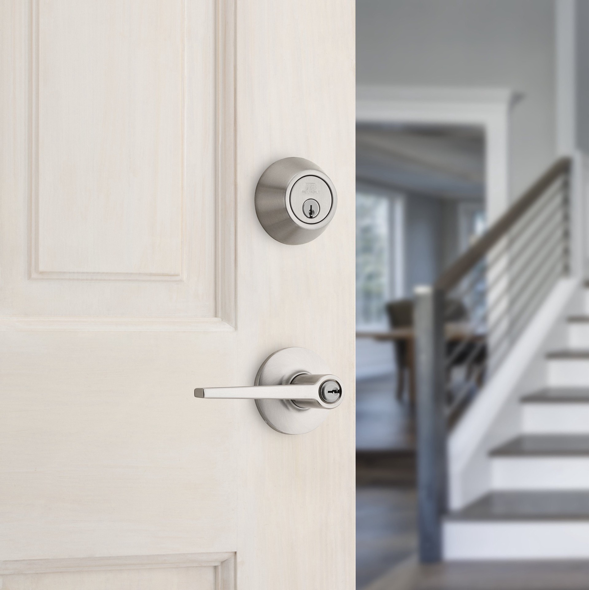 slide 4 of 6, RELIABILT Dallas Satin Nickel Exterior Single-Cylinder Deadbolt and Keyed Entry Door Handle Combo Pack, 1 ct