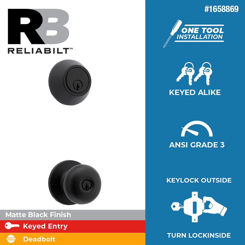slide 2 of 6, RELIABILT Baron Matte Black Exterior Single-Cylinder Deadbolt and Keyed Entry Door Knob Combo Pack, 1 ct