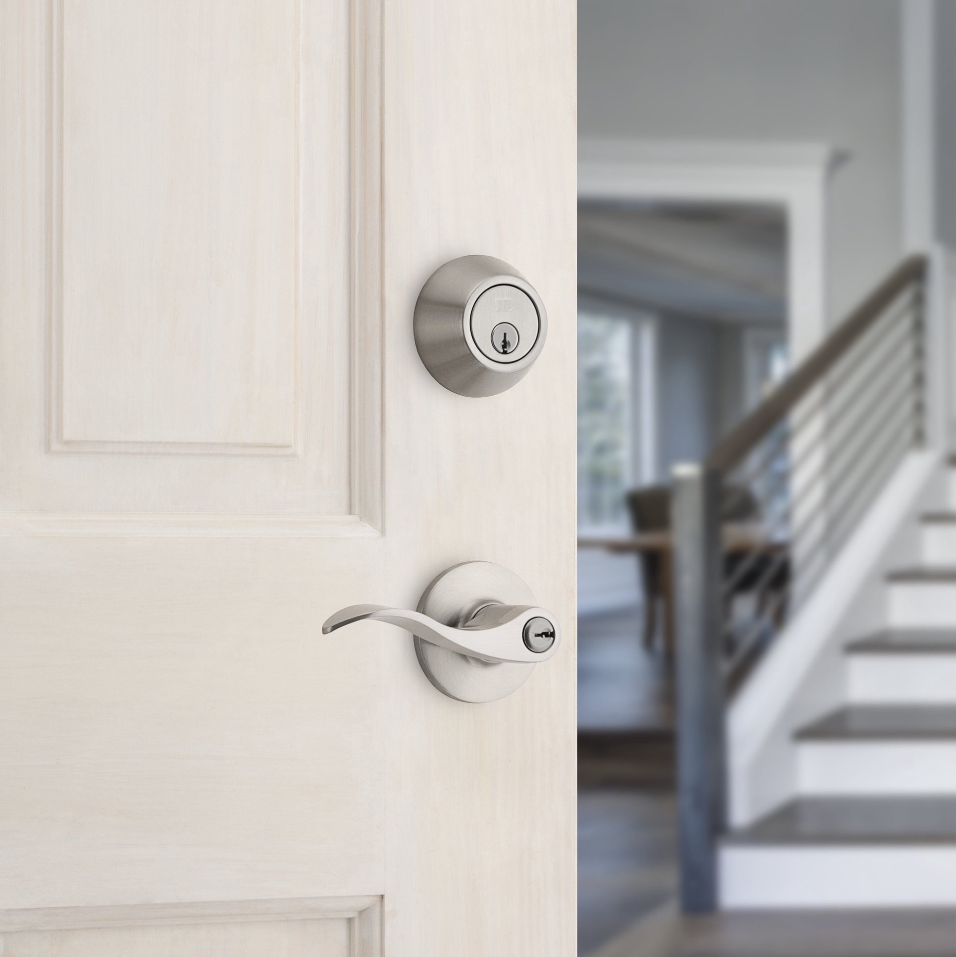 slide 4 of 6, RELIABILT Olivia Satin Nickel Exterior Single-Cylinder Deadbolt and Keyed Entry Door Handle Combo Pack, 1 ct