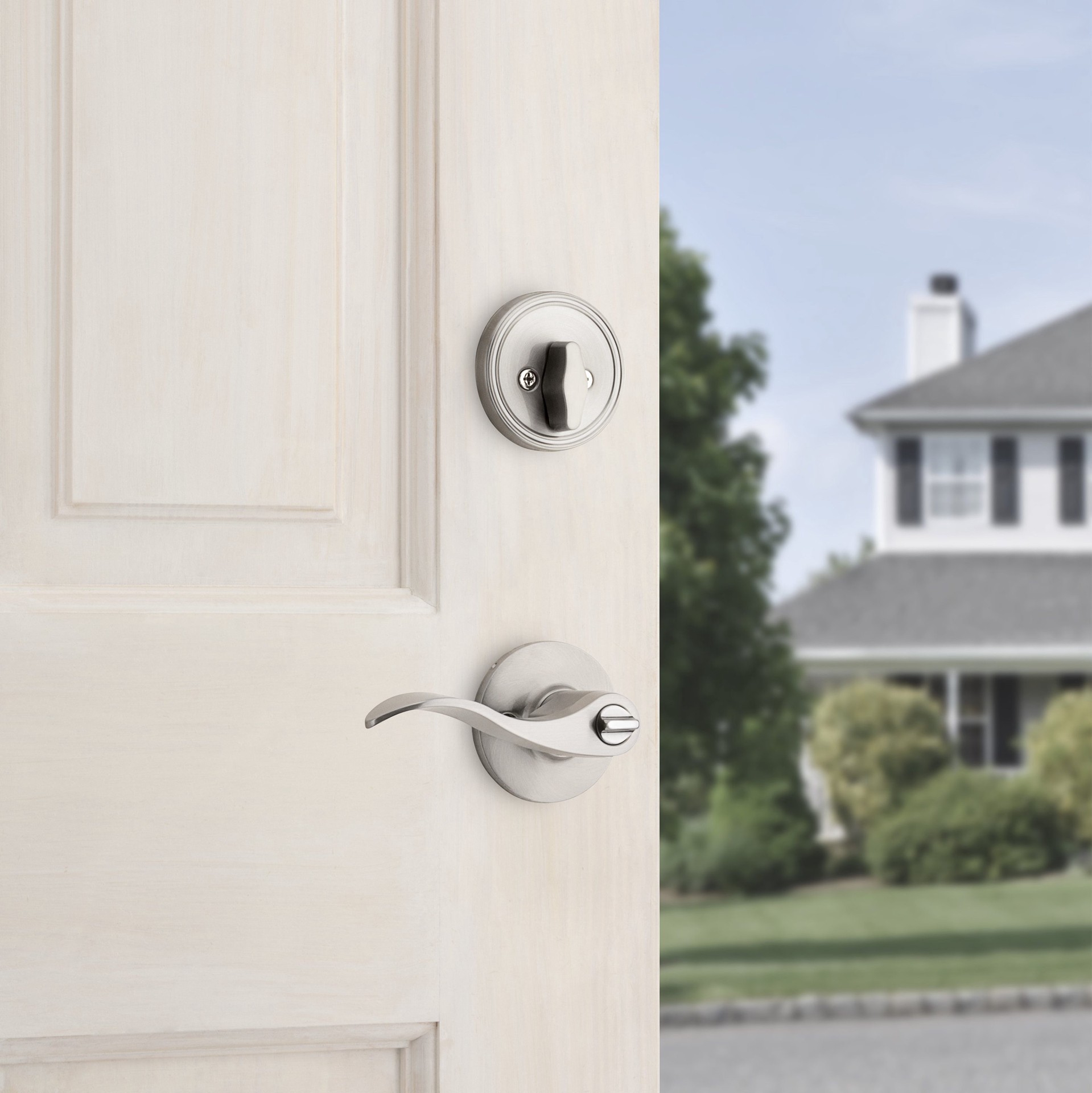 slide 5 of 6, RELIABILT Olivia Satin Nickel Exterior Single-Cylinder Deadbolt and Keyed Entry Door Handle Combo Pack, 1 ct