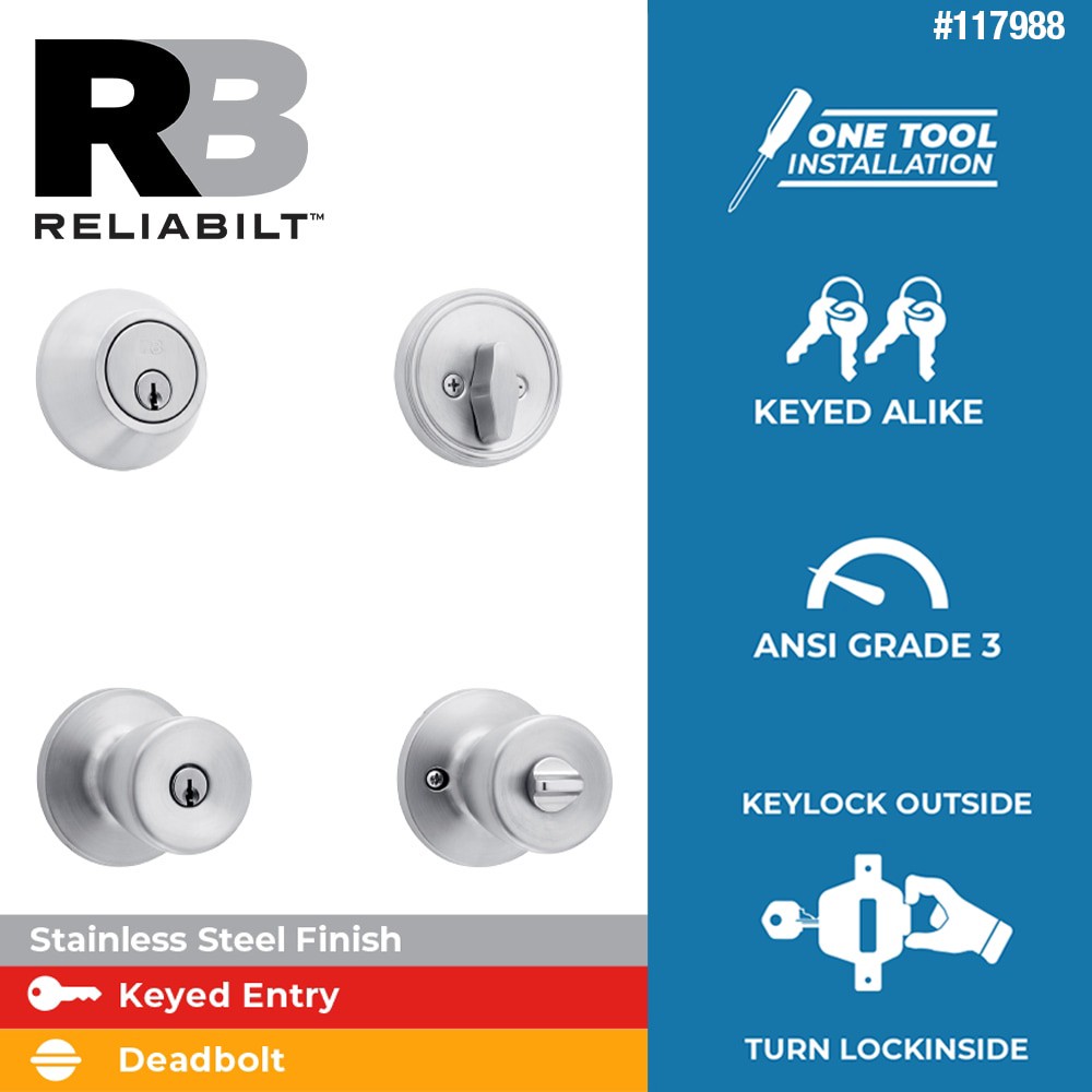 slide 2 of 6, RELIABILT Gallo Stainless Steel Exterior Single-Cylinder Deadbolt and Keyed Entry Door Knob Combo Pack, 1 ct